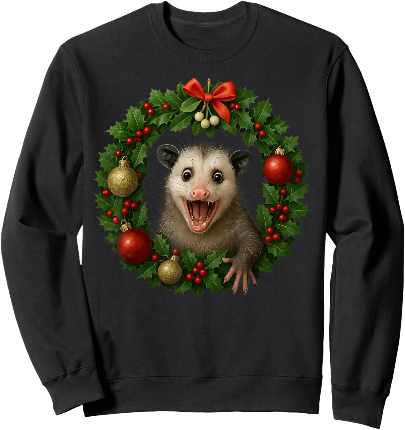 Funny Possum Christmas Wreath Xmas Opossum Sweatshirt - Sweatshirt | Black