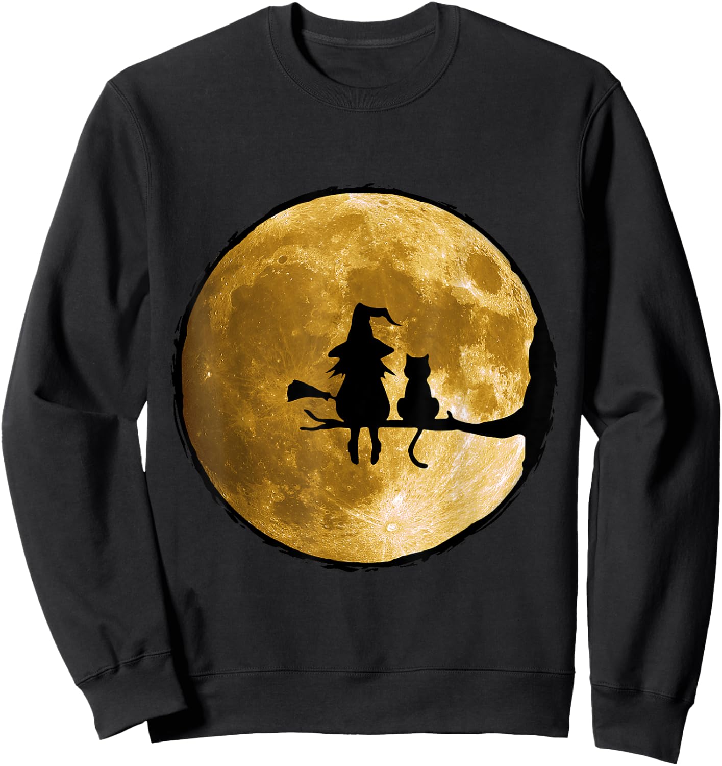 Witch And Cat Sitting On An Old Tree Staring At The Moon. Men Women Kids Sweatshirt - Sweatshirt | Black