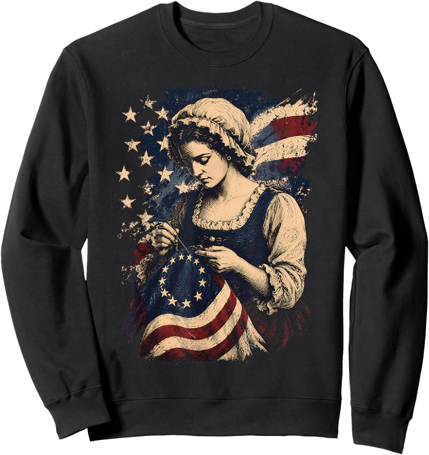 Betsy Ross Sewing USA Flag Patriotic 4th of July Vintage Sweatshirt - Sweatshirt | Black