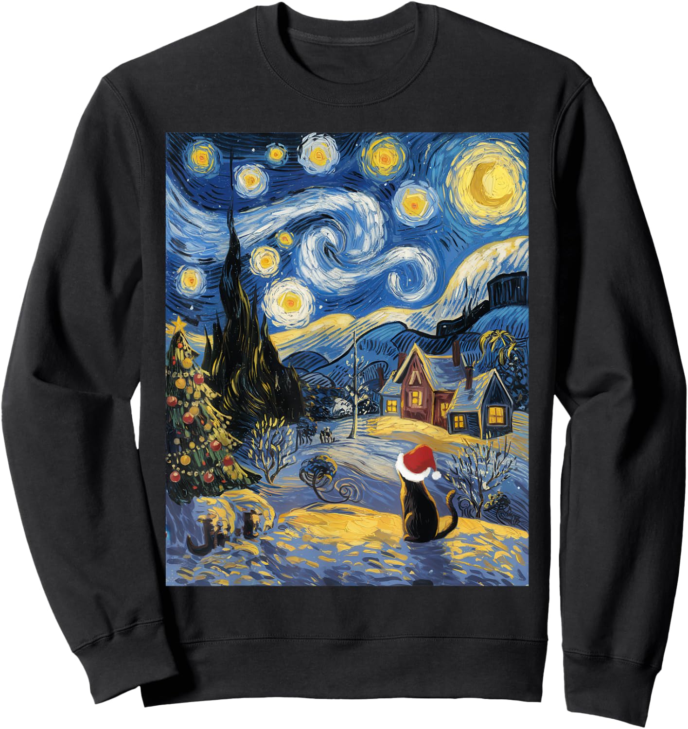 Starry Night Festive Christmas Cat Santa Winter Xmas Sweatshirt - Sweatshirt | Black