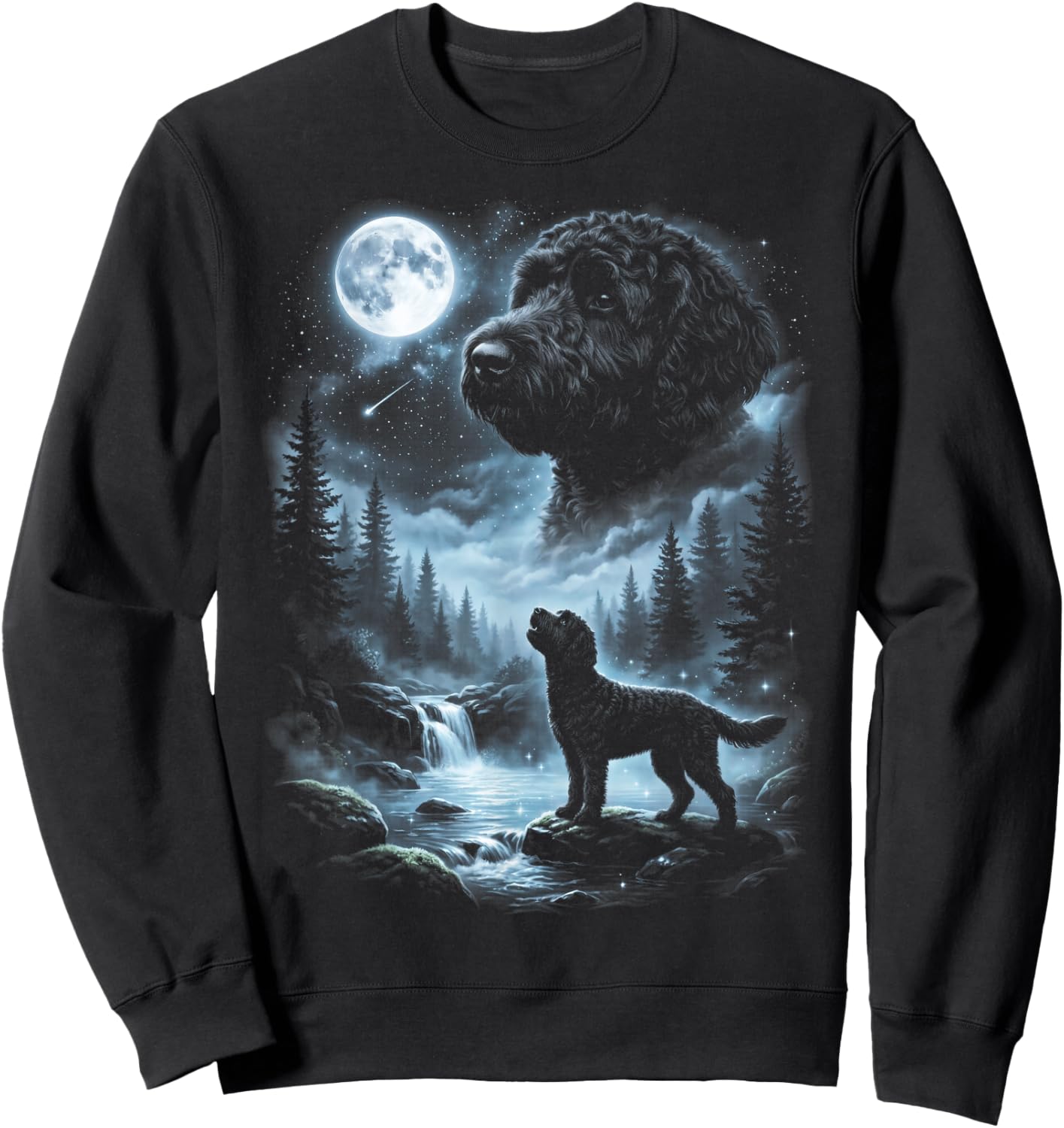 Black Labradoodle Howling to the Moon Retro 90's Doodle Dog Sweatshirt - Sweatshirt | Black