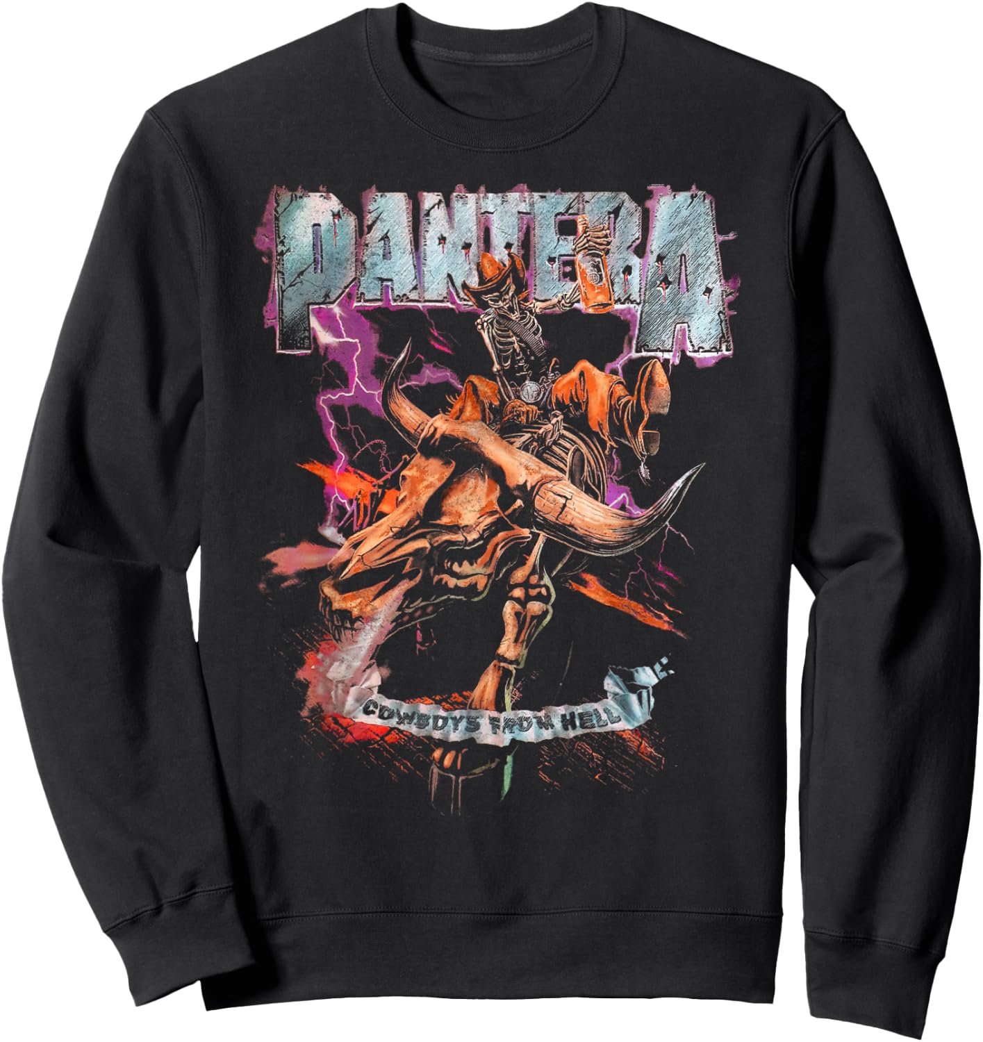 Pantera Official Cowboys From Hell Riding Skeleton Short Sleeve Sweatshirt - Sweatshirt | Black