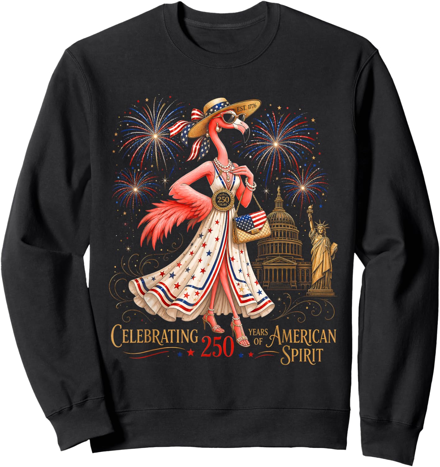 Patriotic Flamingo 250 Years Celebrating American Spirit Sweatshirt - Sweatshirt | Black