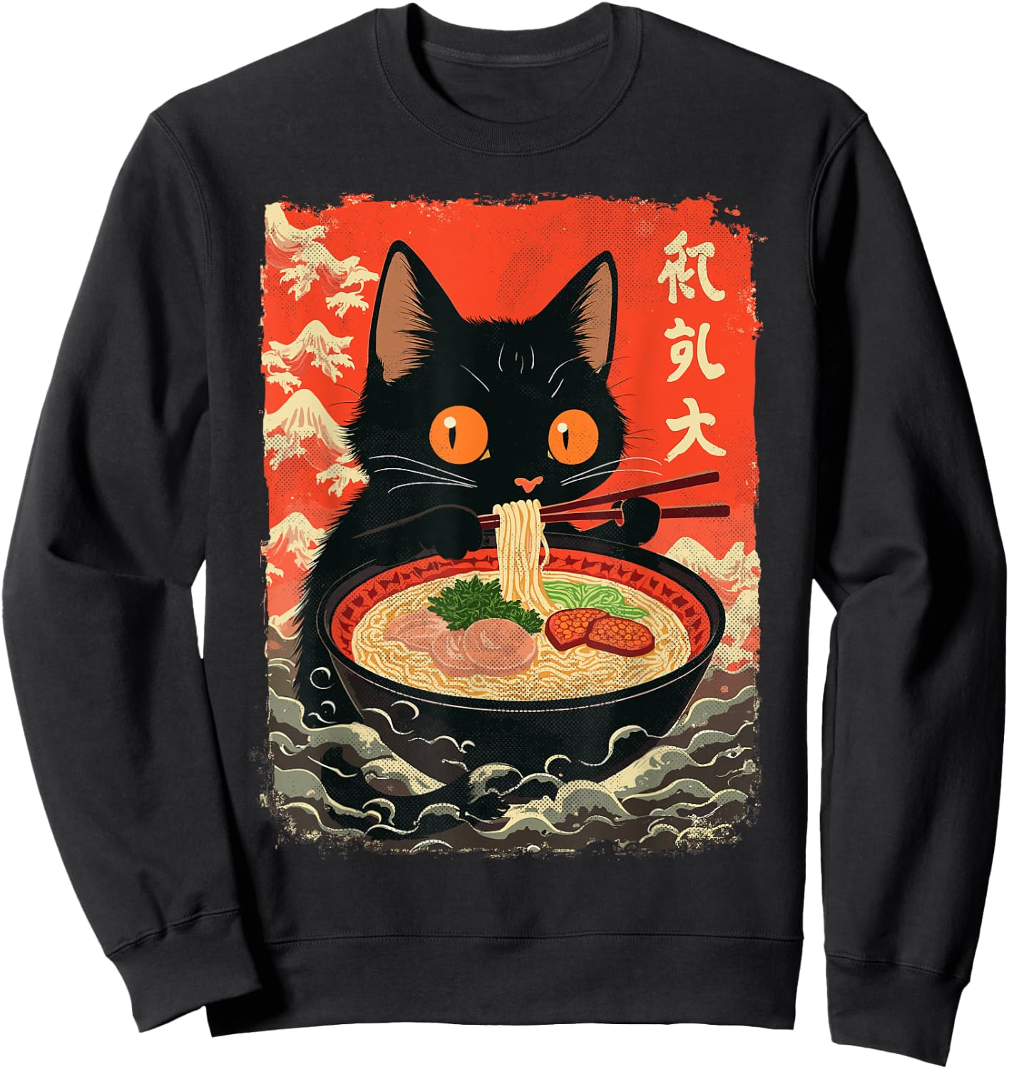 Neko Cat Eating Ramen Anime Kawaii Japanese Noodle Graphic Sweatshirt - Sweatshirt | Black
