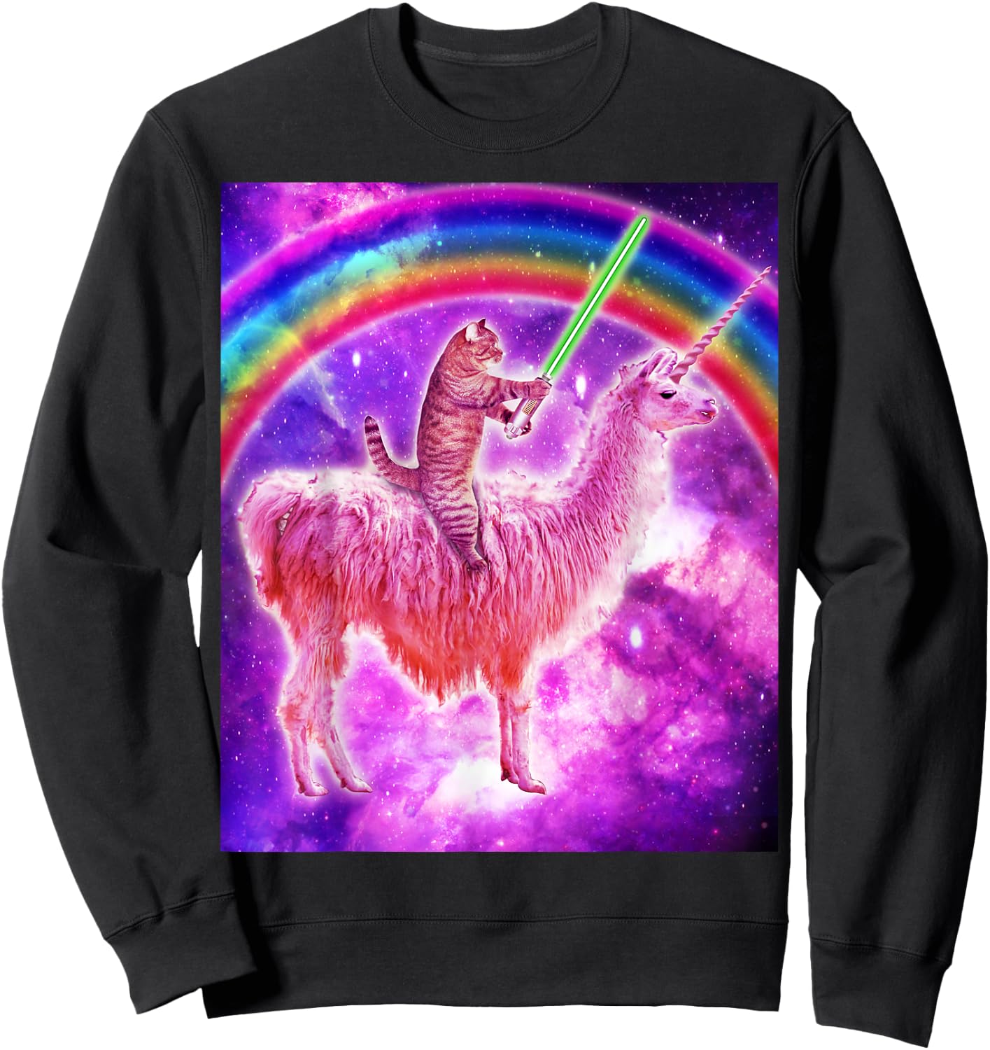 Kitty Cat Riding Llama Unicorn Rainbow In Space Cat Lover Men Women Girls Kids Sweatshirt - Sweatshirt | Black