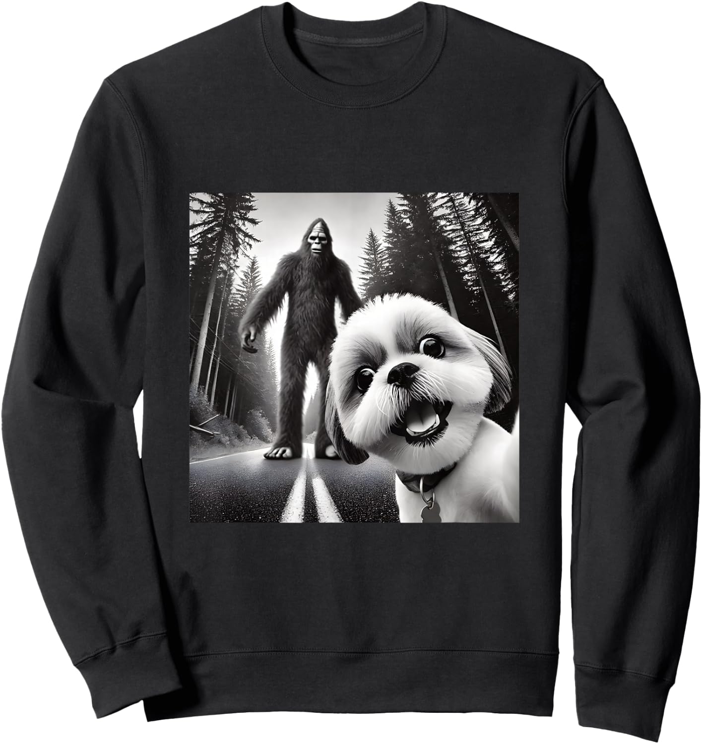 Shih tzu and Bigfoot Adventure in Forest Sweatshirt - Sweatshirt | Black