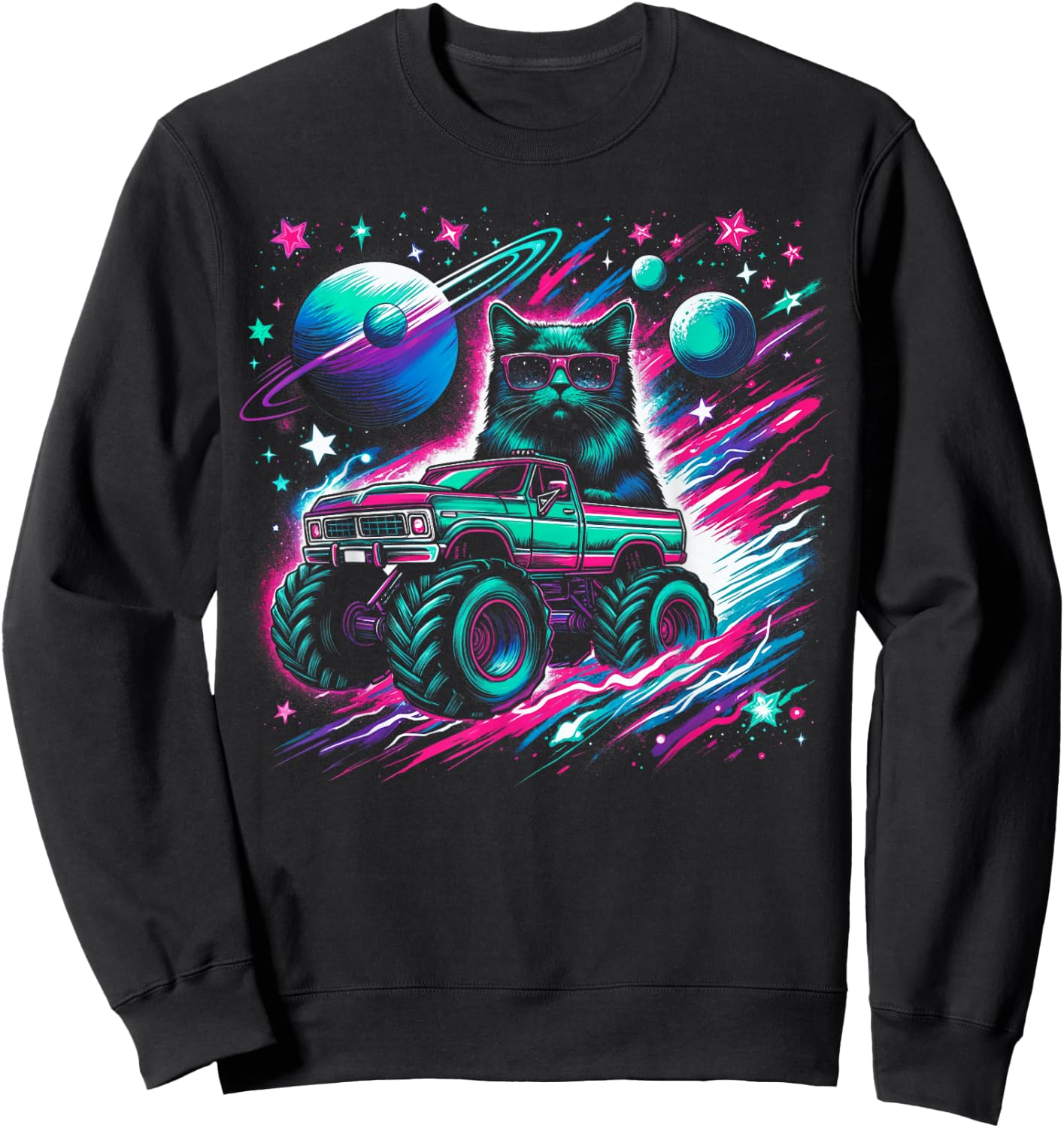 Cool Cat Driving Monster Truck in Cosmic Space Men Women Kids Sweatshirt - Sweatshirt | Black