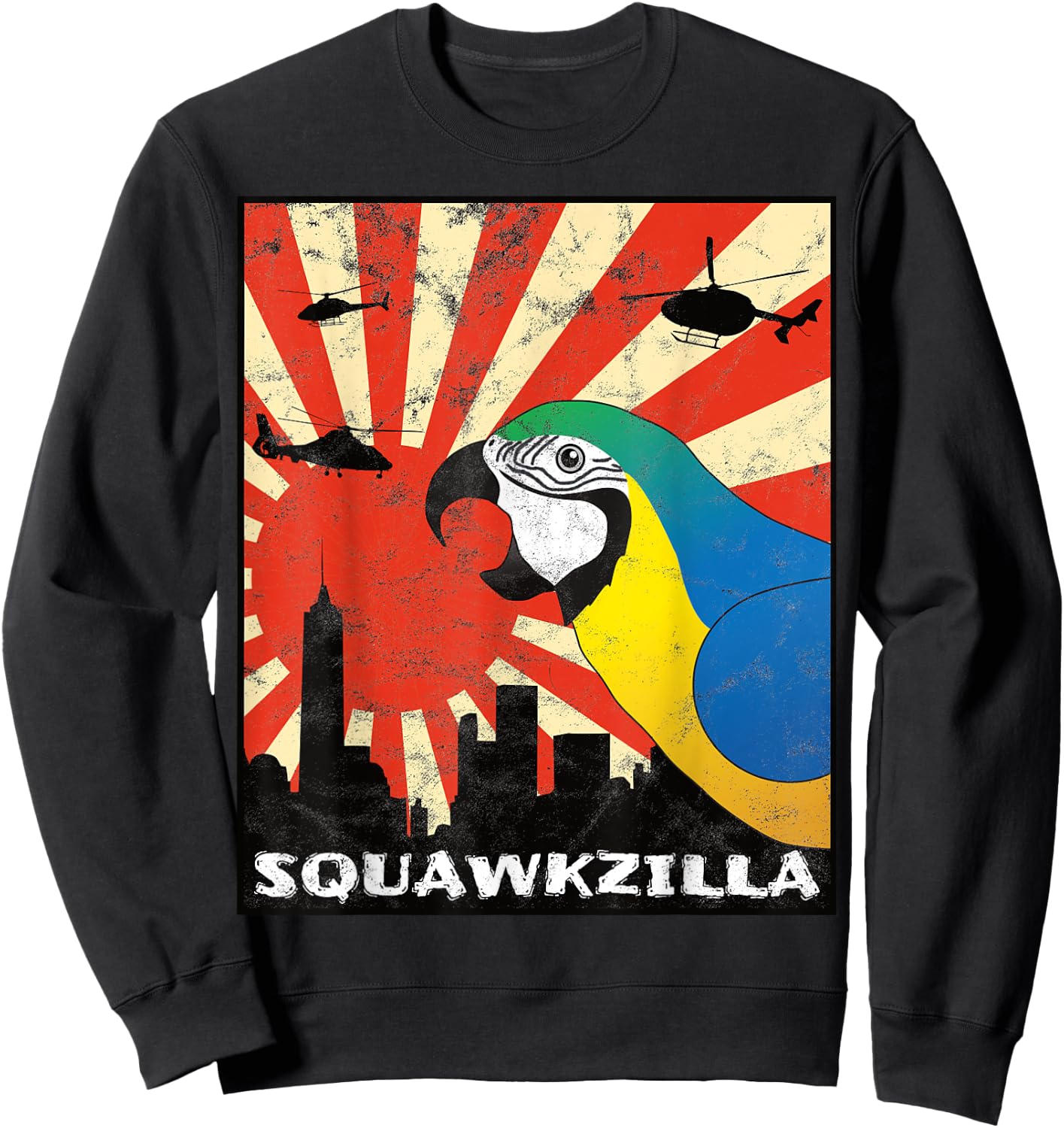 Squawk Zilla Blue and Gold Macaw Parrot Squawking Kawaii Sweatshirt - Sweatshirt | Black