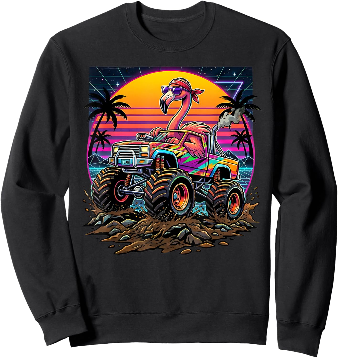 Cool Retro Monster Truck Birthday Flamingo Kids Sweatshirt - Sweatshirt | Black