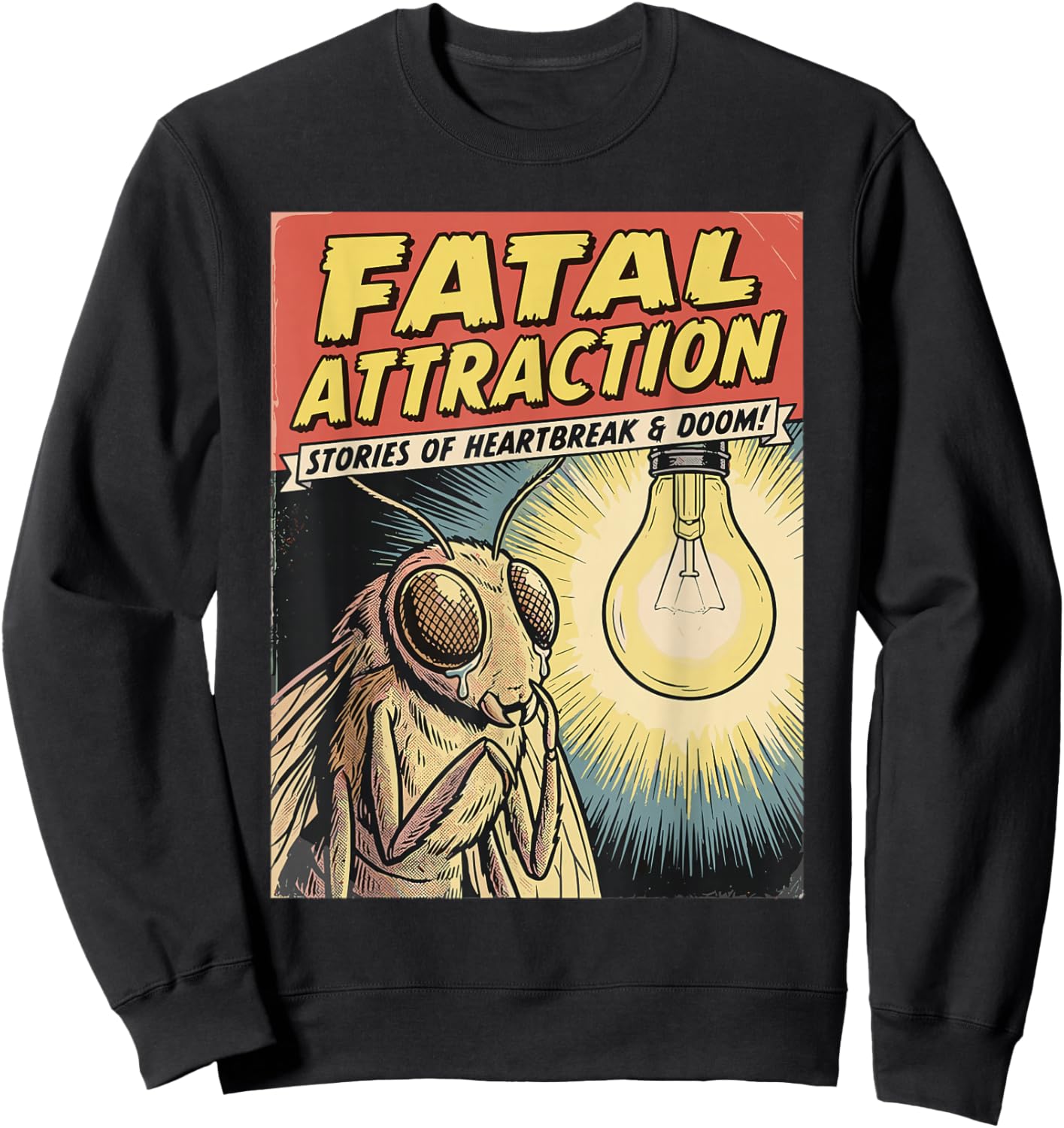 Funny Vintage Comic Book Style Moth Obsessed with Lightbulb Sweatshirt - Sweatshirt | Black