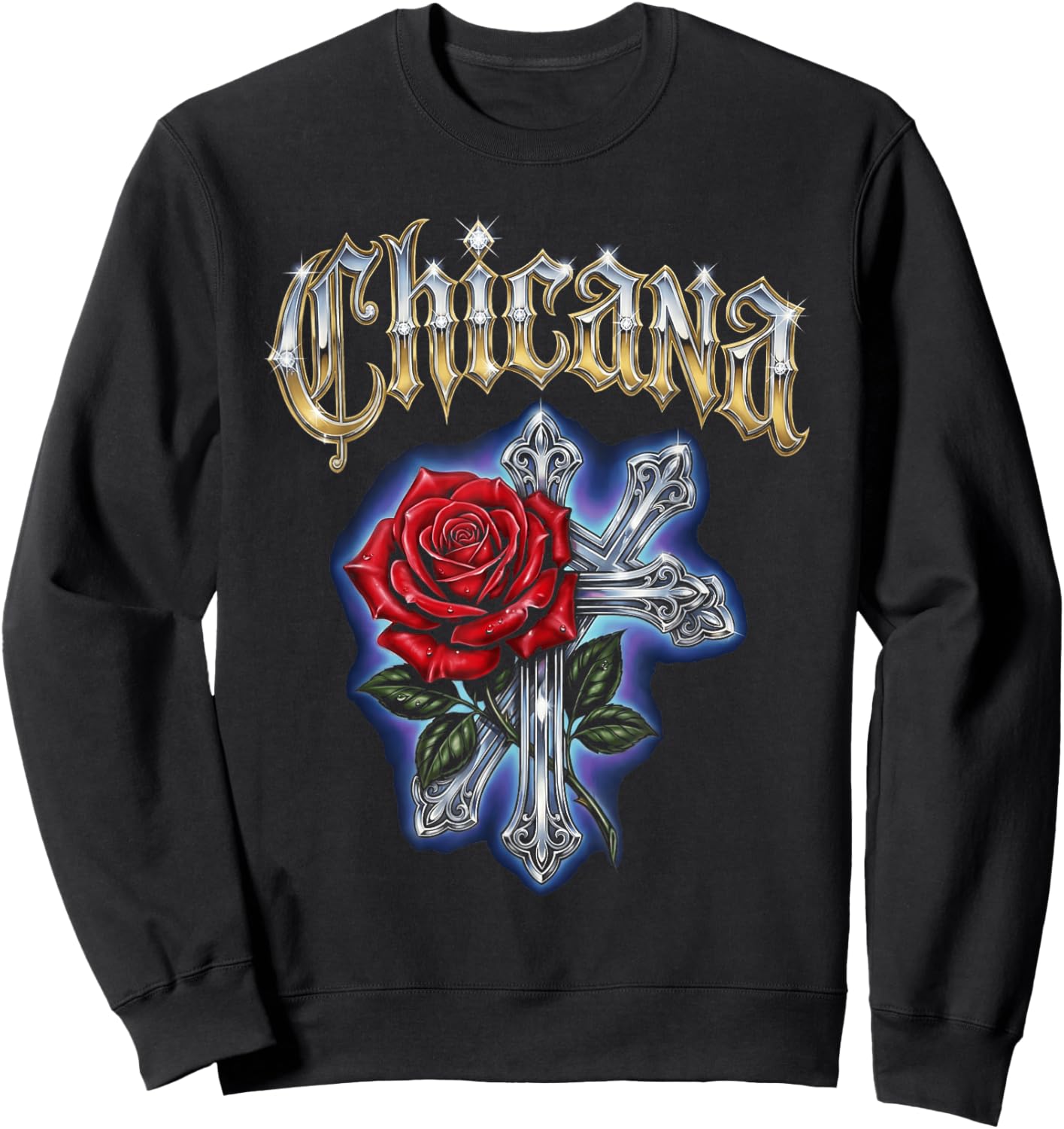Chicana Rose Cross Heritage Lowrider Art Design Sweatshirt - Sweatshirt | Black
