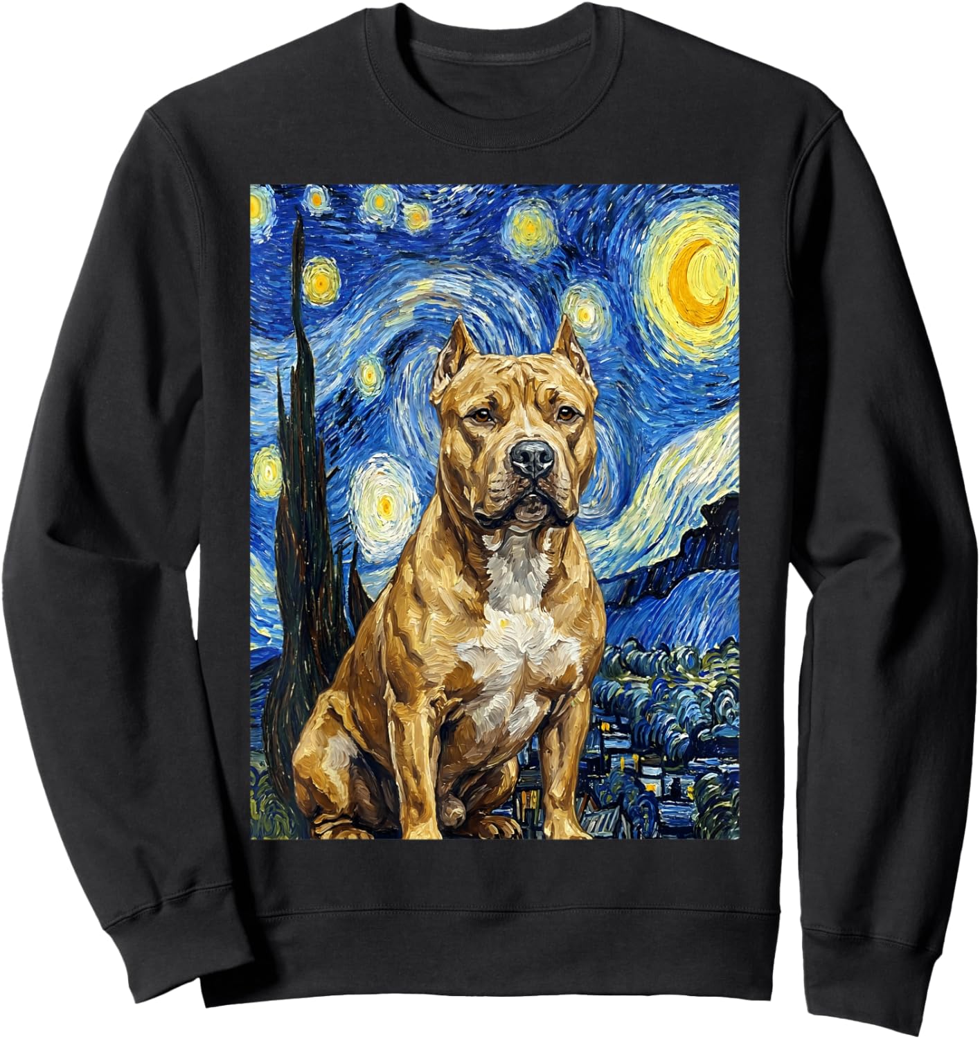 Pitbull Dog Starry Night Art Painting Style Sweatshirt - Sweatshirt | Black