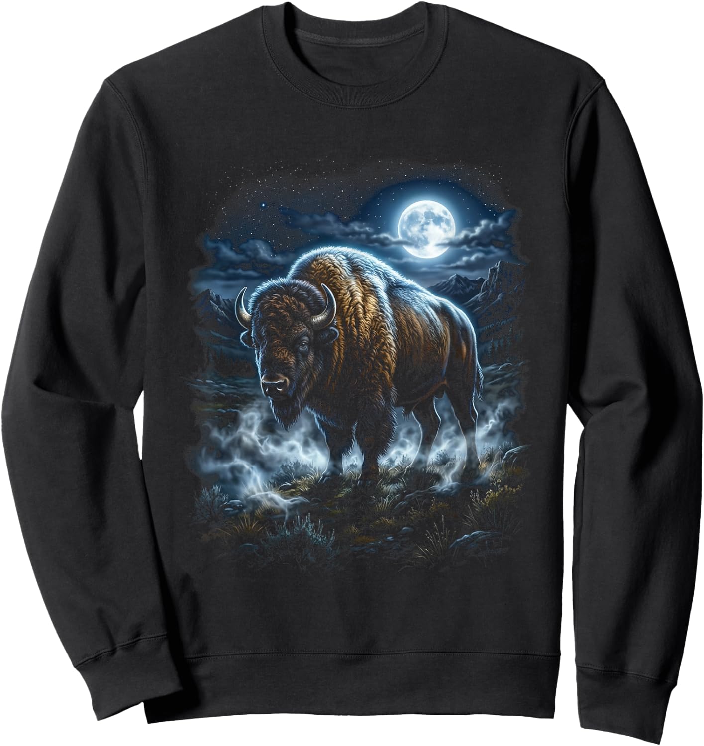 Retro Bison Moonlight American Buffalo Sweatshirt - Sweatshirt | Black