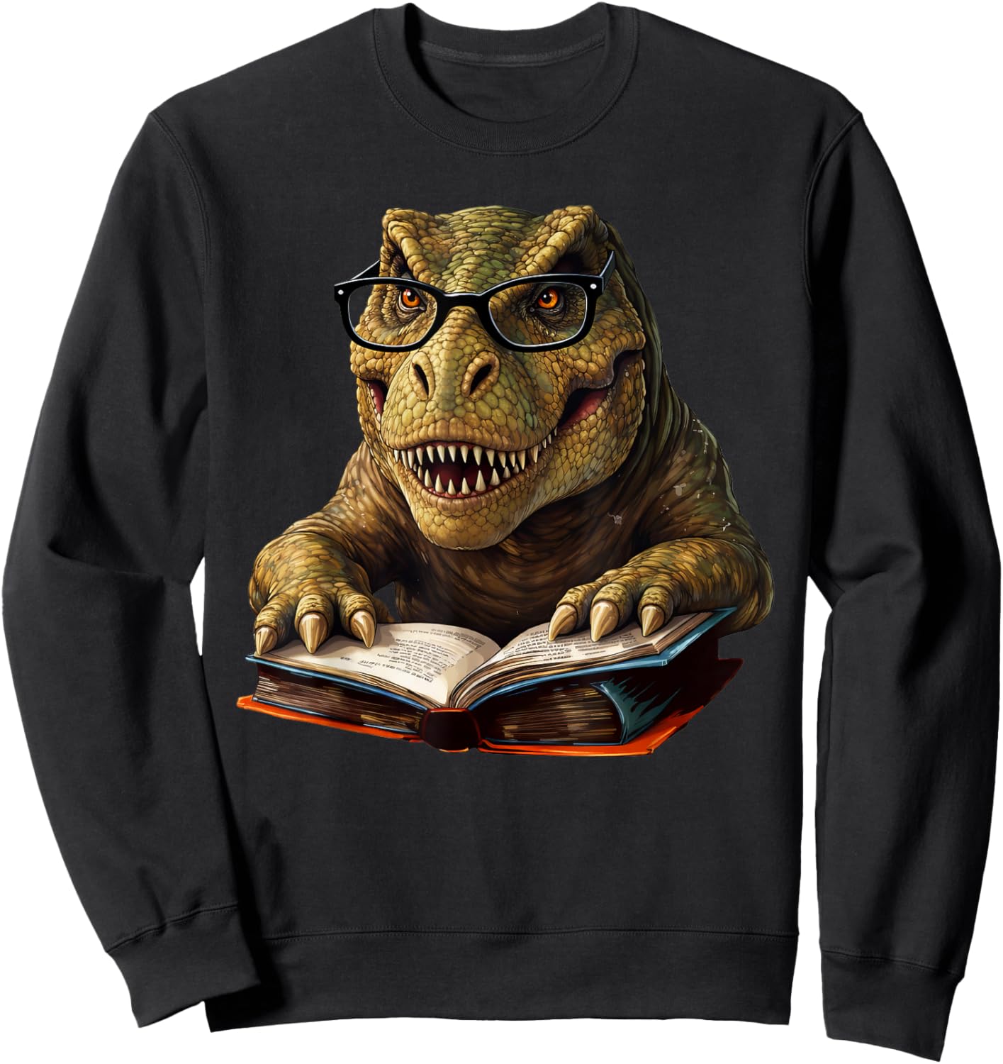 T-Rex Dinosaur Reading Book Nerd Sweatshirt - Sweatshirt | Black