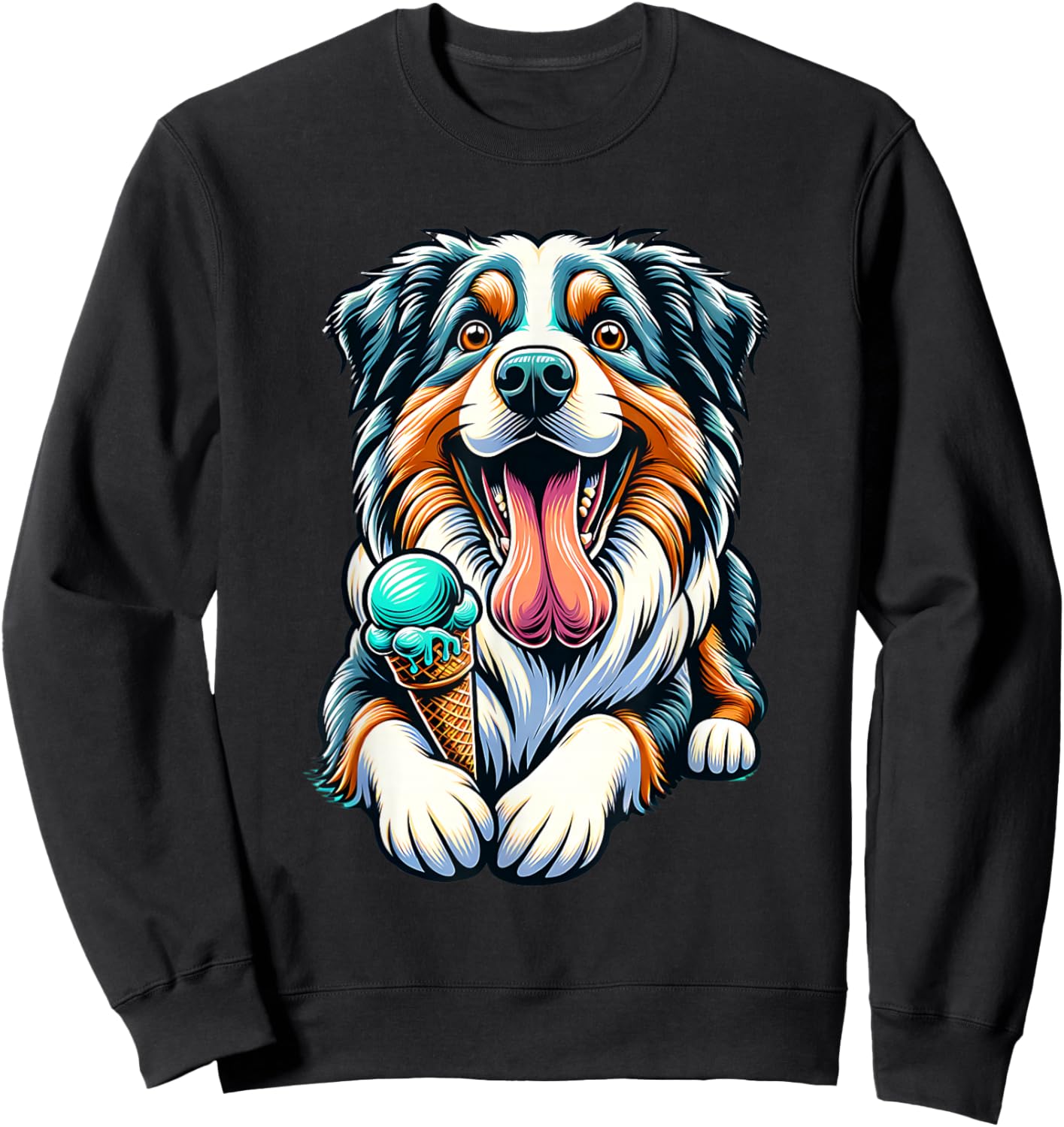 Australian Shepherd Eating Ice Cream Cone Cute Dog Sweatshirt - Sweatshirt | Black
