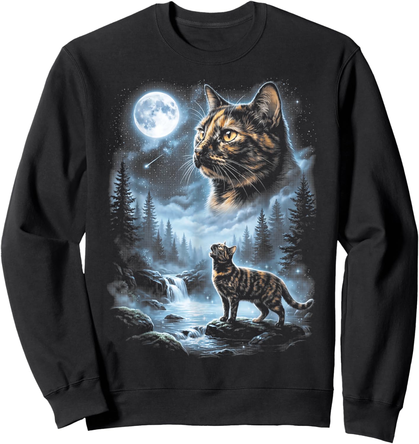 Tortoiseshell Cat Howling At The Moon 90s Retro Vintage Sweatshirt - Sweatshirt | Black
