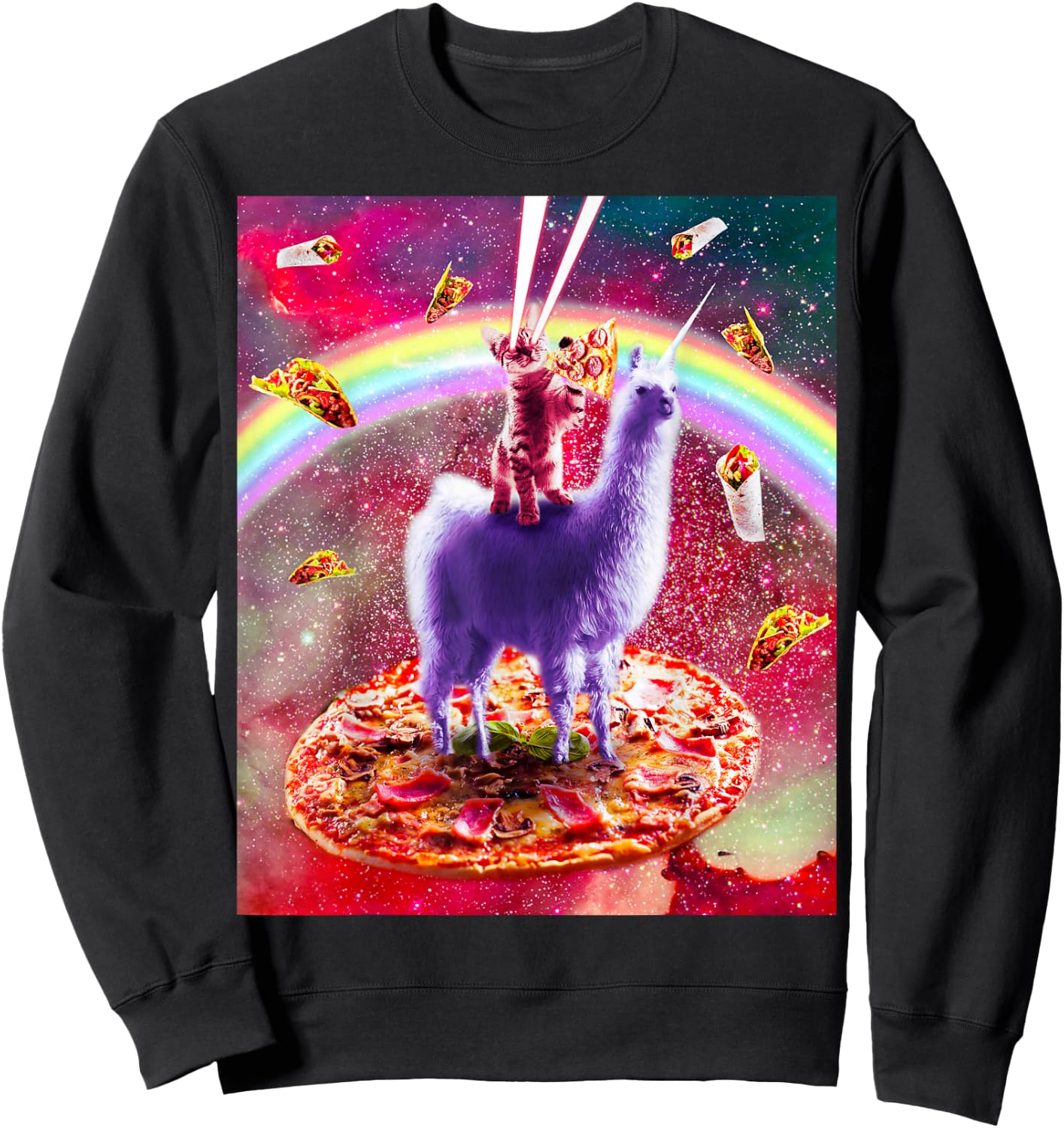 Laser Eyes Outer Space Cat Riding On Llama Unicorn Sweatshirt - Sweatshirt | Black