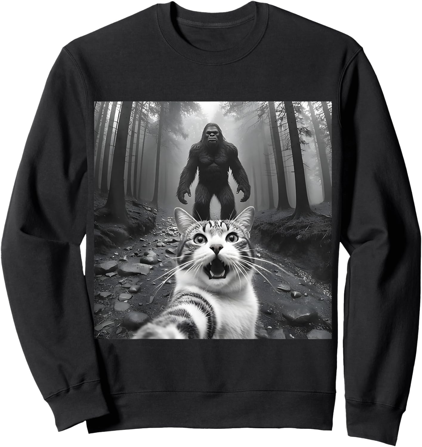 Funny Surprised Scared Cat Selfie With Sasquatsch Bigfoot Men Women Girls Kids Sweatshirt - Sweatshirt | Black