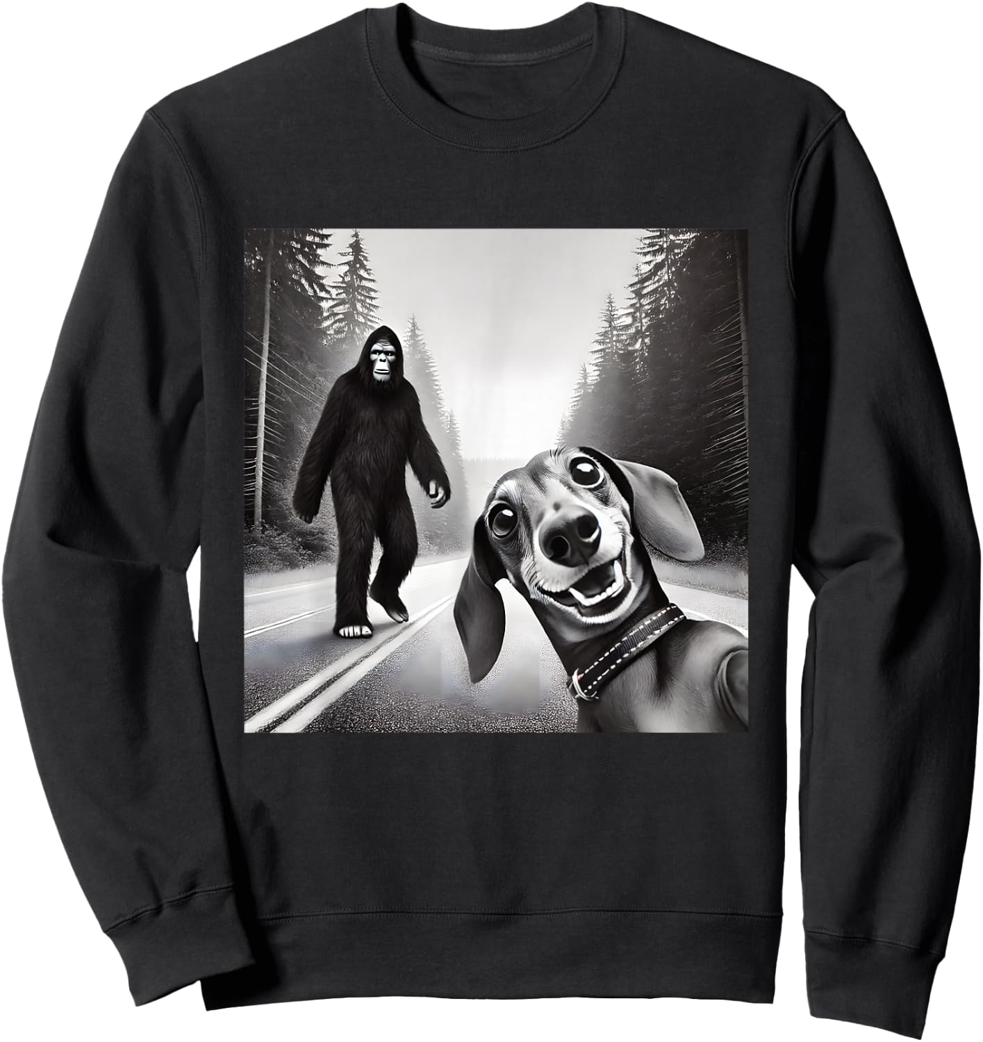 Bigfoot And Dachshund On Road - Black - Small - Short Sleeve Sweatshirt - Sweatshirt | Black