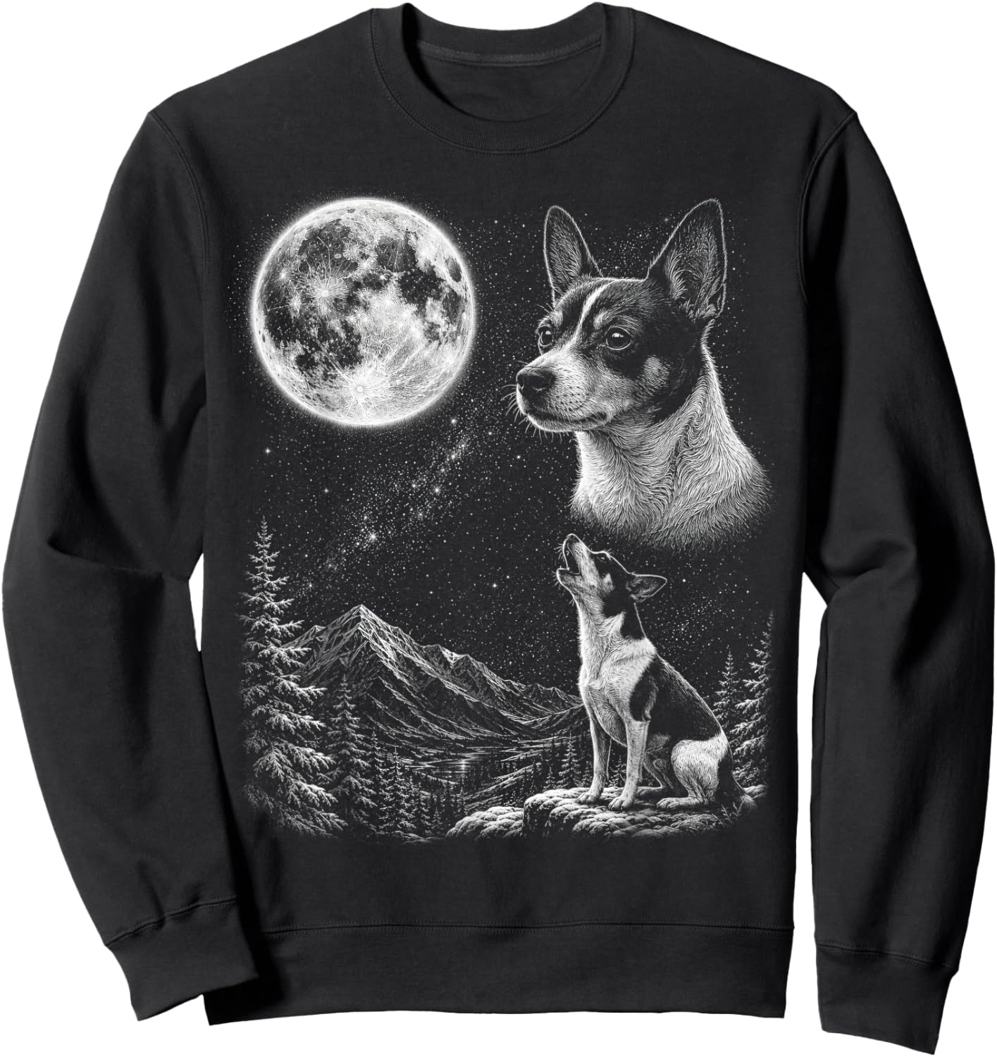Rat Terrier Dog Howling to the Moon Retro 90's Sweatshirt - Sweatshirt | Black