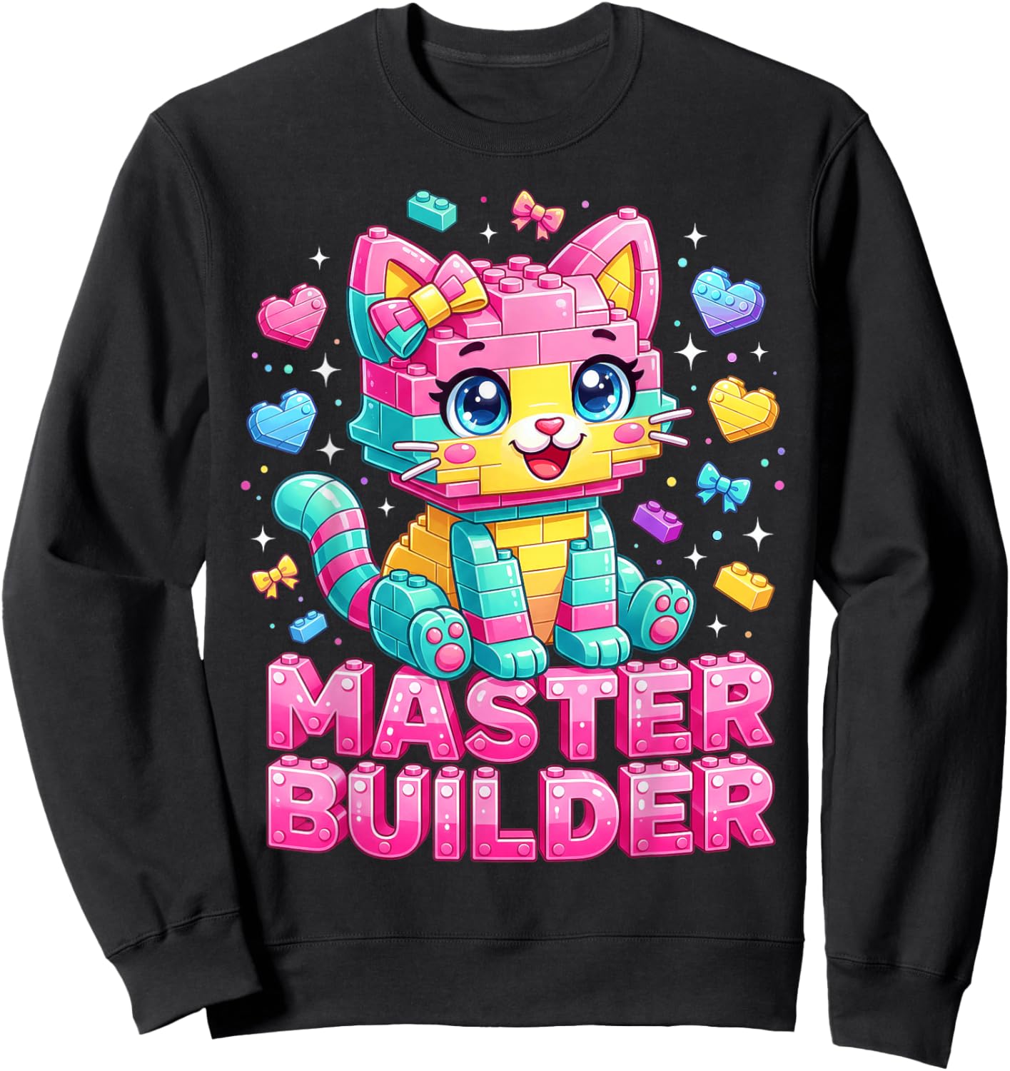 Master Builder Kids Girls Building Bricks Cat Lover Kitten Sweatshirt - Sweatshirt | Black