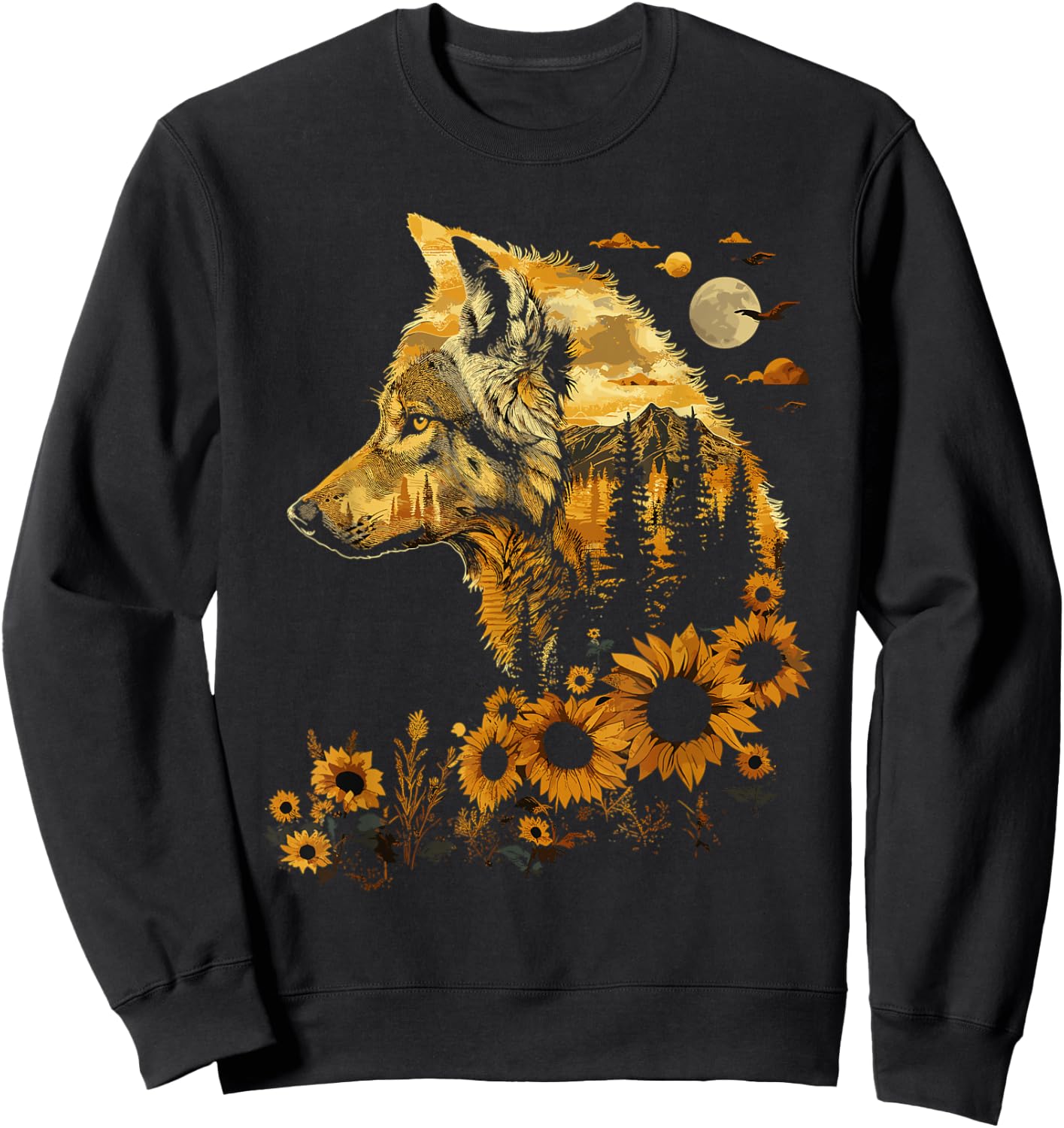 Cute Wolf Floral Sunflower Wolves Sweatshirt - Sweatshirt | Black