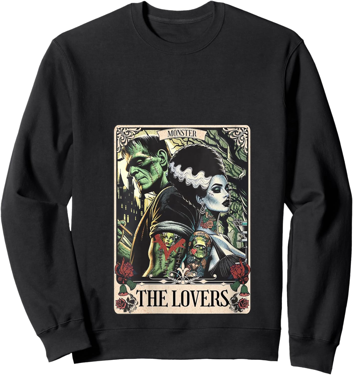 Women's The Monster Frankenstein and Bride The Lovers Tarot Card V-Neck Sweatshirt - Sweatshirt | Black
