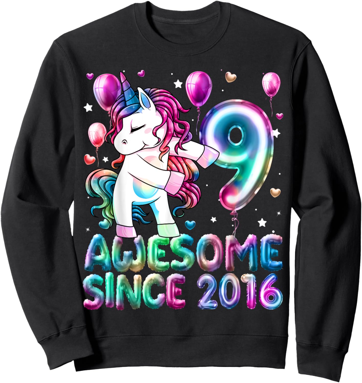 Flossing Unicorn 9 Year Old 9th Birthday Girl Unicorn Party Sweatshirt - Sweatshirt | Black