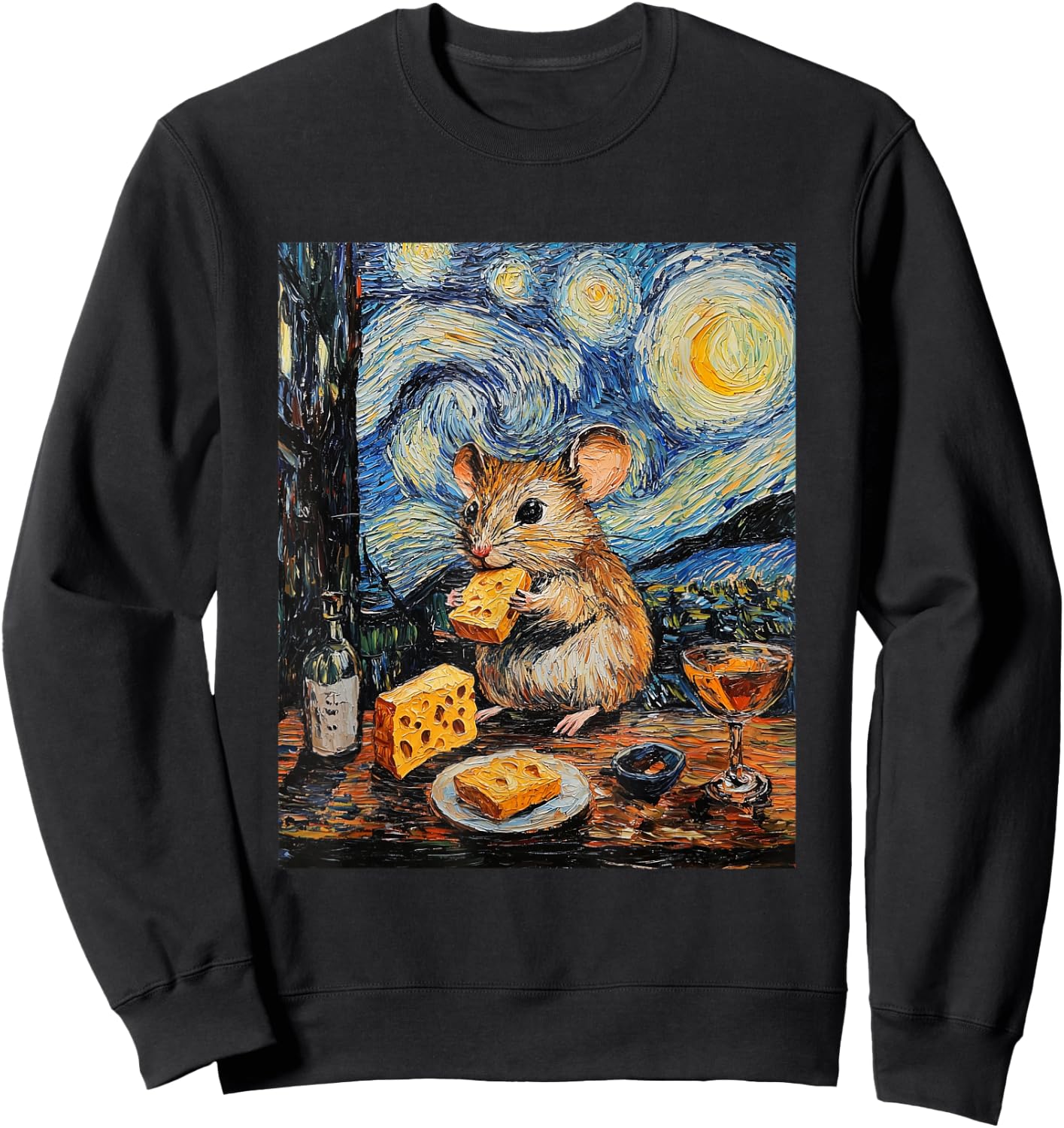 Cute Mouse Rat - Van Gogh Style - Starry Night Graphic Sweatshirt - Sweatshirt | Black