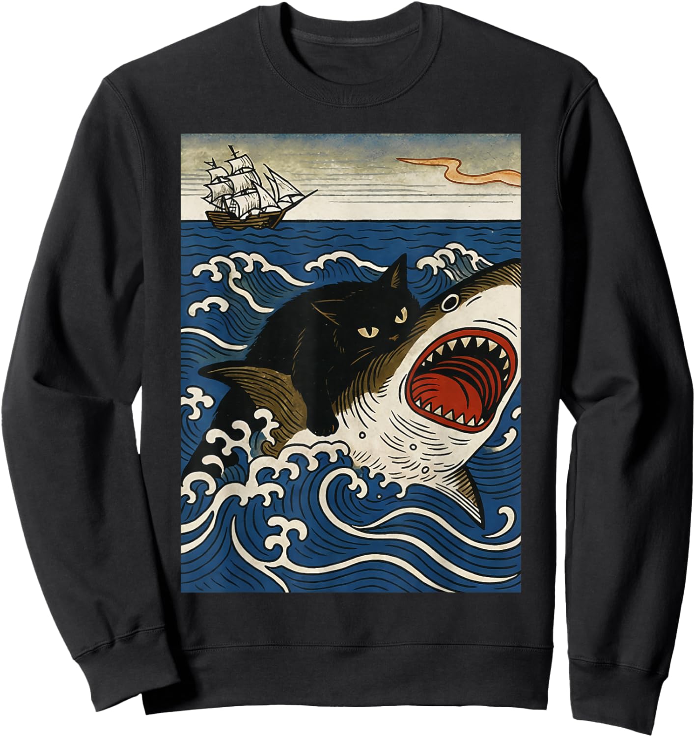 Ukiyo-e Cat Riding Shark Retro Black Cat Shark Rider Ocean Sweatshirt - Sweatshirt | Black