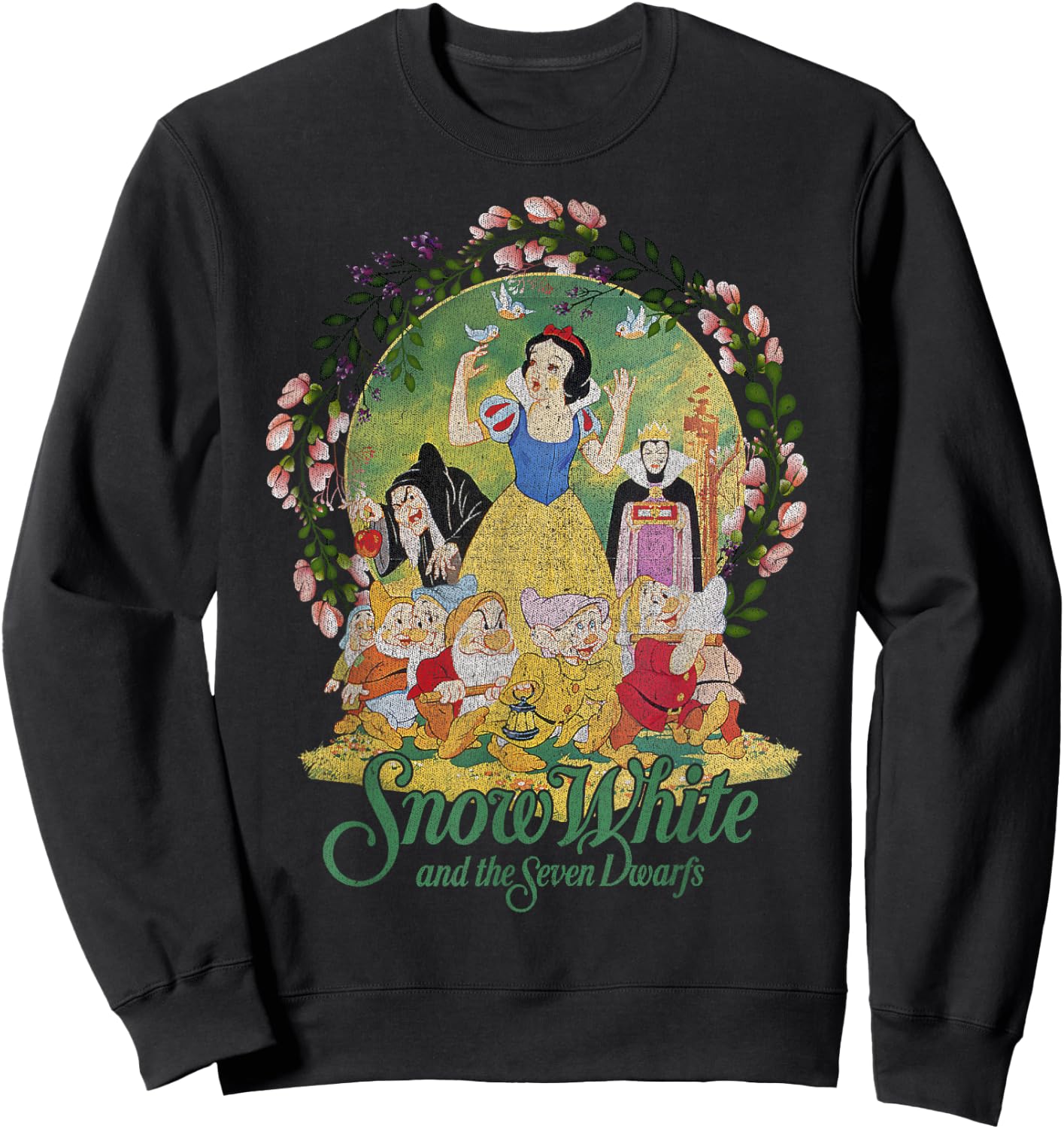 Disney Snow White Group Shot Classic Poster Floral Wreath Sweatshirt - Sweatshirt | Black