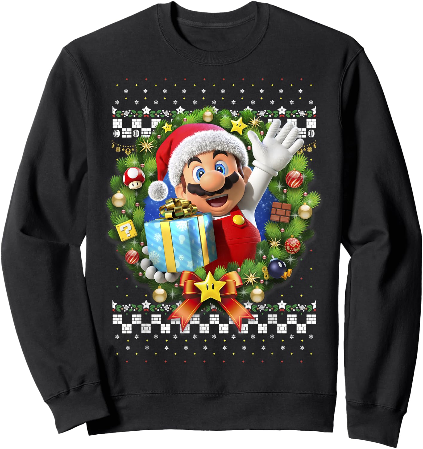 Super Mario 3D Christmas Wreath Present Graphic Short Sleeve Sweatshirt - Sweatshirt | Black