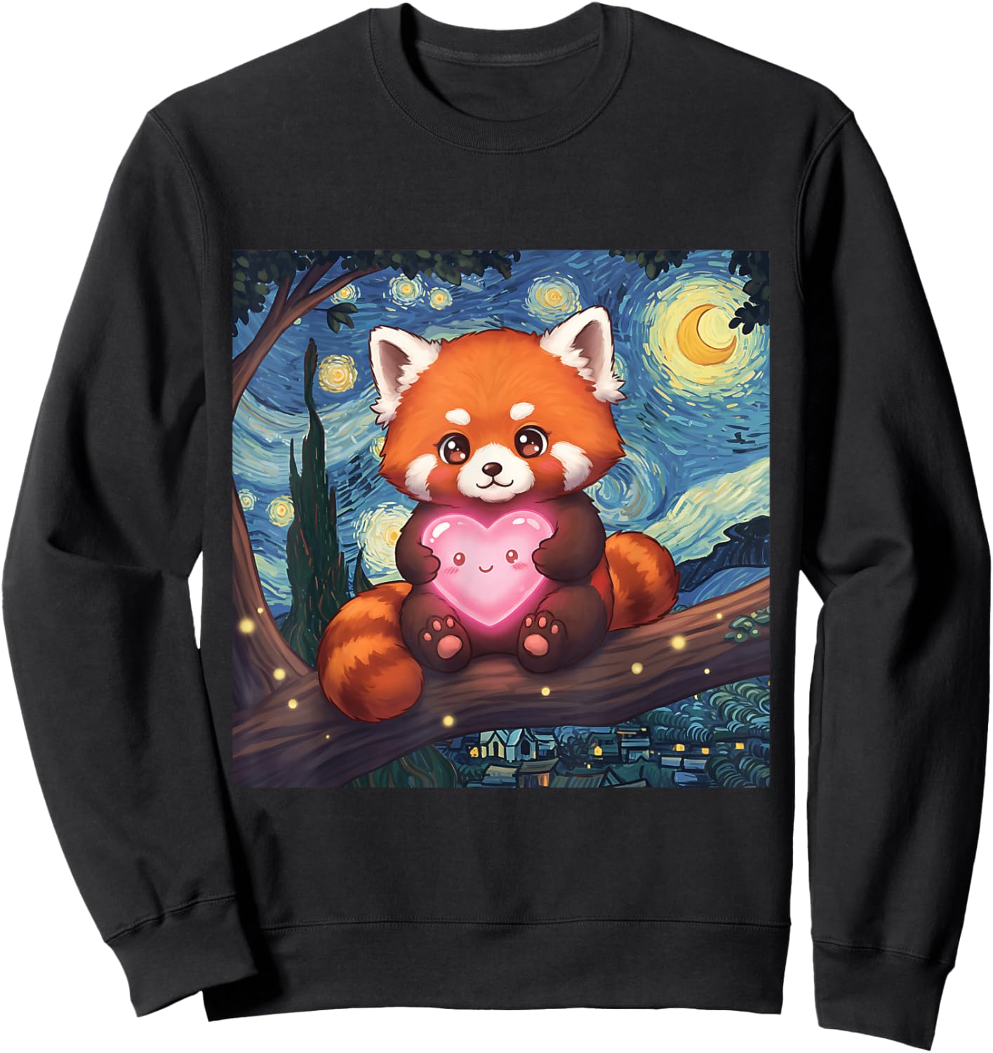 Cute Adorable Red Panda Holding Heart Van Gogh Inspired Sweatshirt - Sweatshirt | Black