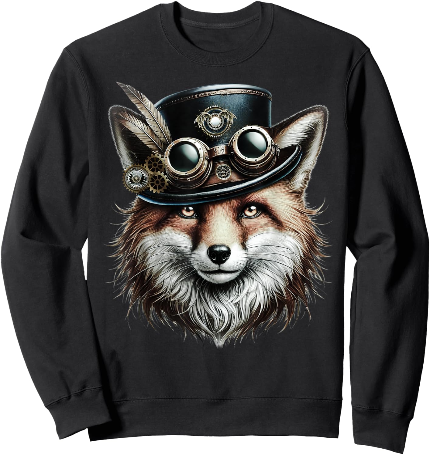 Steampunk Fox Shirt with Goggles and Gear Artwork Sweatshirt - Sweatshirt | Black