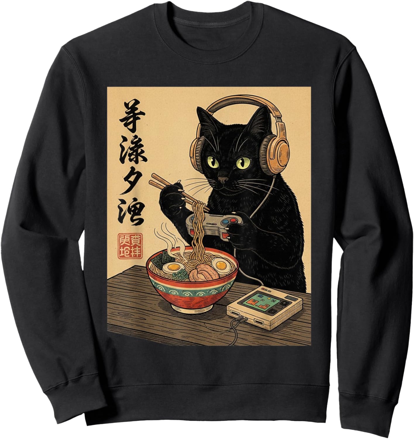 Cute Kawaii Gamer Cat Funny Ramen Retro Japanese Cat Gaming Sweatshirt - Sweatshirt | Black