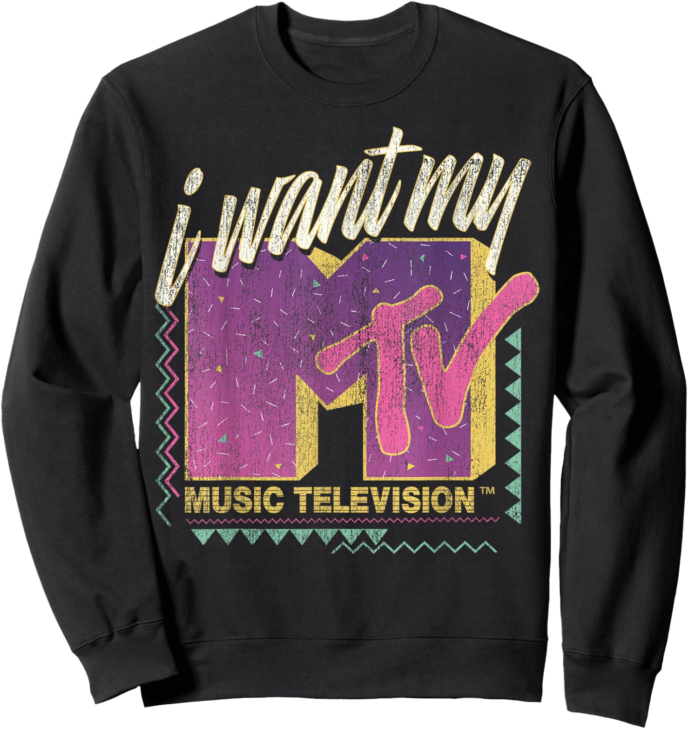 MTV I Want My MTV 90's Retro Colorful Logo Graphic Sweatshirt - Sweatshirt | Black