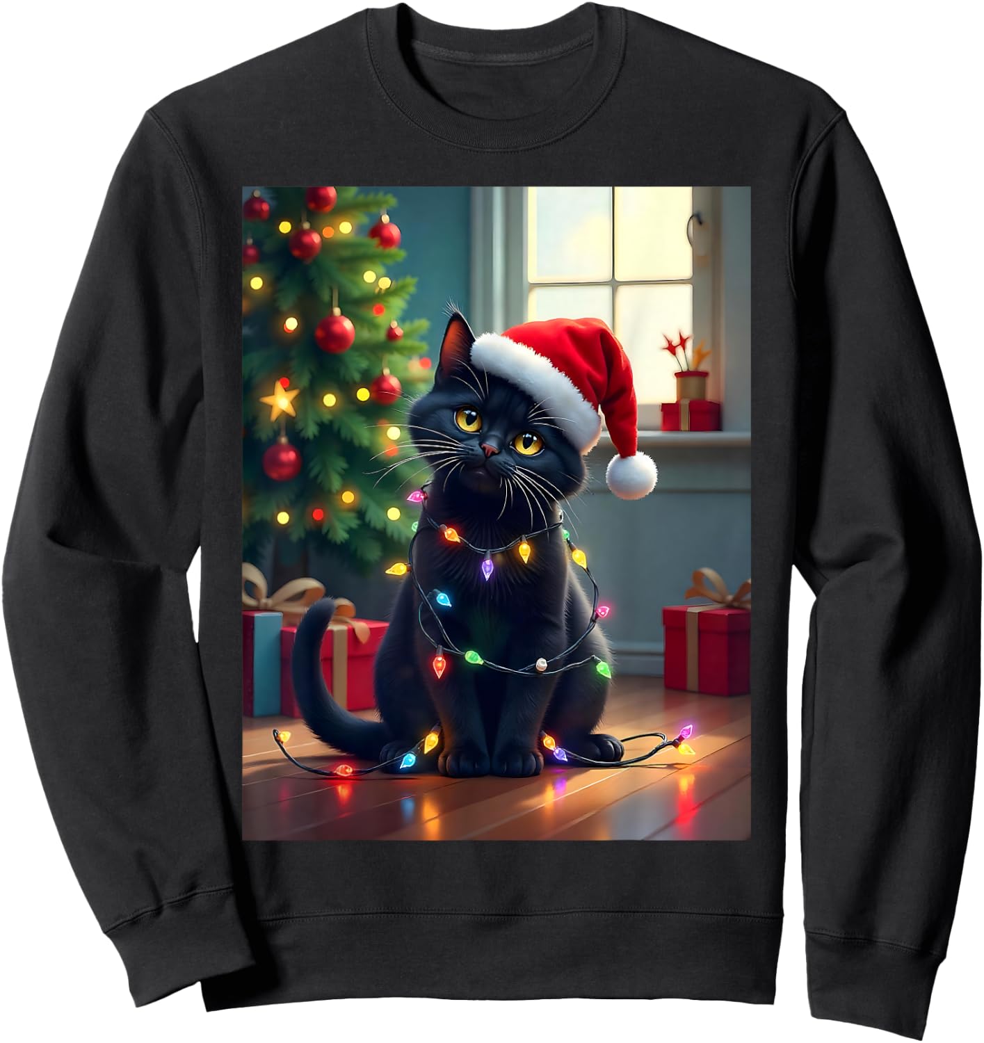 Black Cat in Santa Hat with Holiday Glow Christmas Men Women Kids Sweatshirt - Sweatshirt | Black