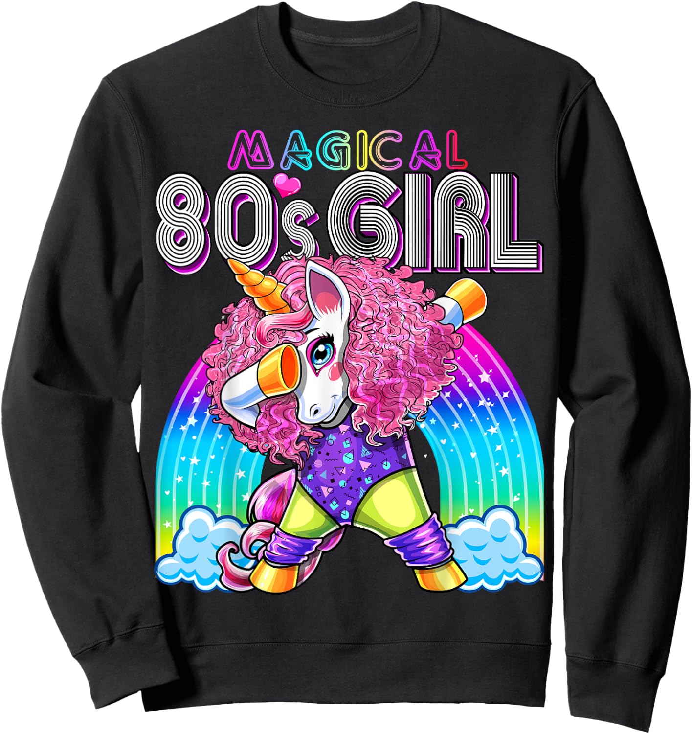 Magical 80's Girl Dabbing Unicorn Leotard Leg Warmers Party Sweatshirt - Sweatshirt | Black