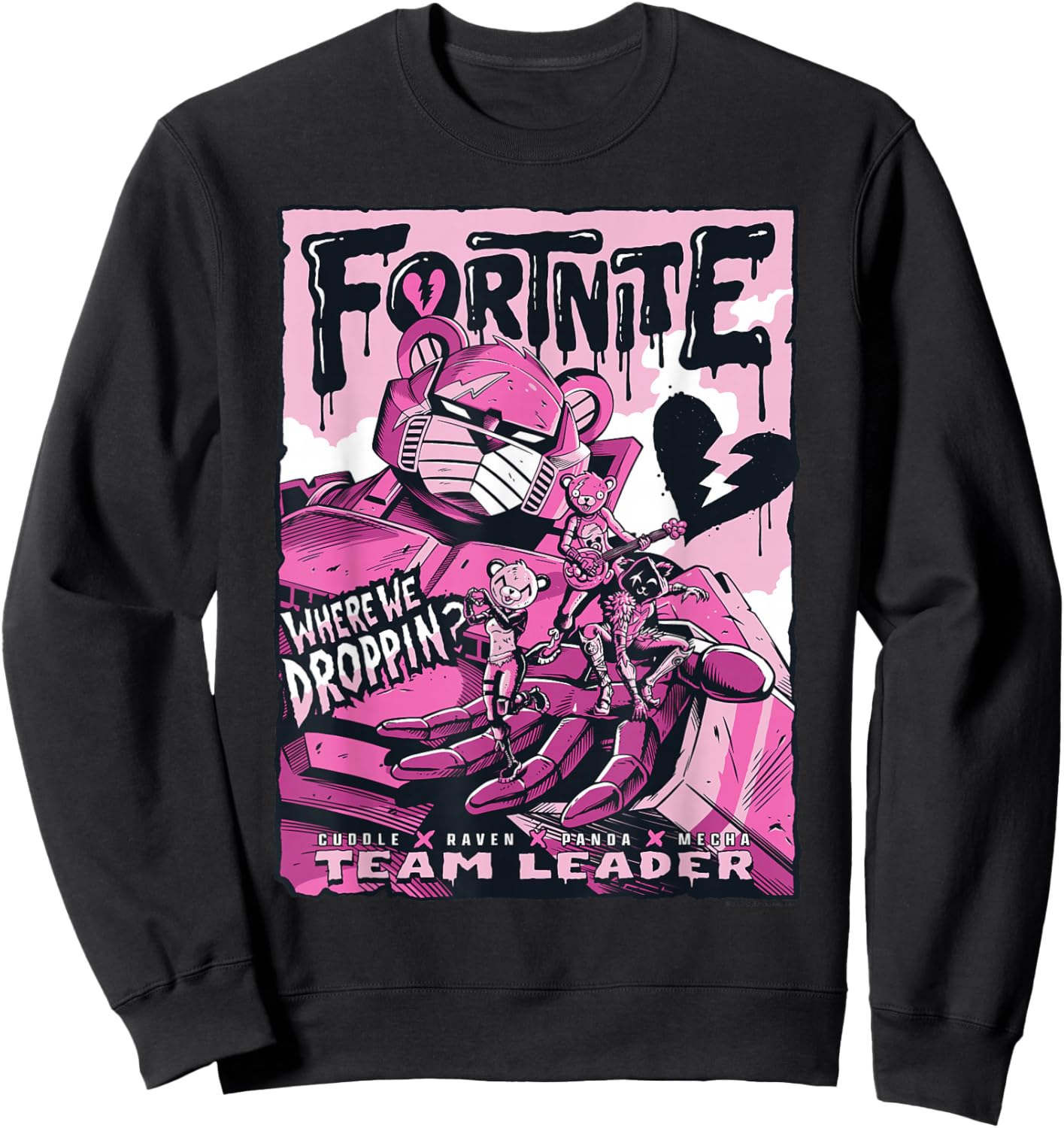 Fortnite Where We Droppin? Cuddle Raven Panda Mecha Leader Sweatshirt - Sweatshirt | Black