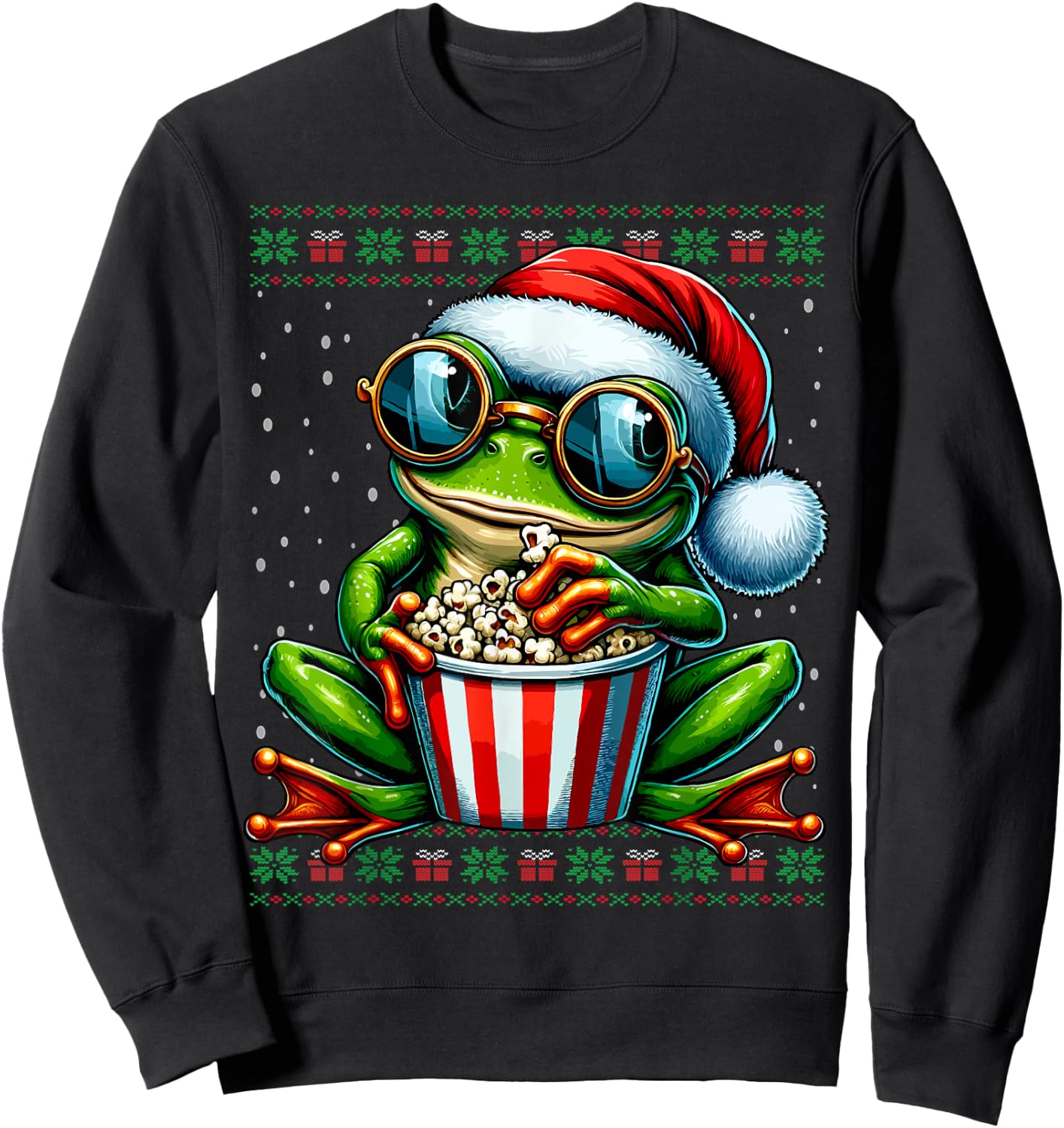 Christmas Frog Eating Popcorn Ugly Christmas Sweater Sweatshirt - Sweatshirt | Black