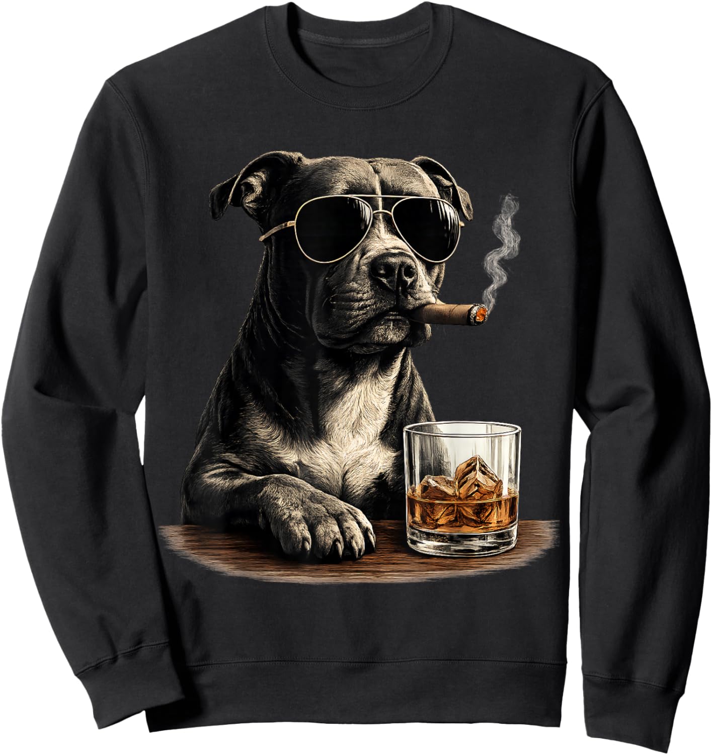 Funny Pitbull Meme Smoking Cigar Whisky Dog Dad Lovers Sweatshirt - Sweatshirt | Black