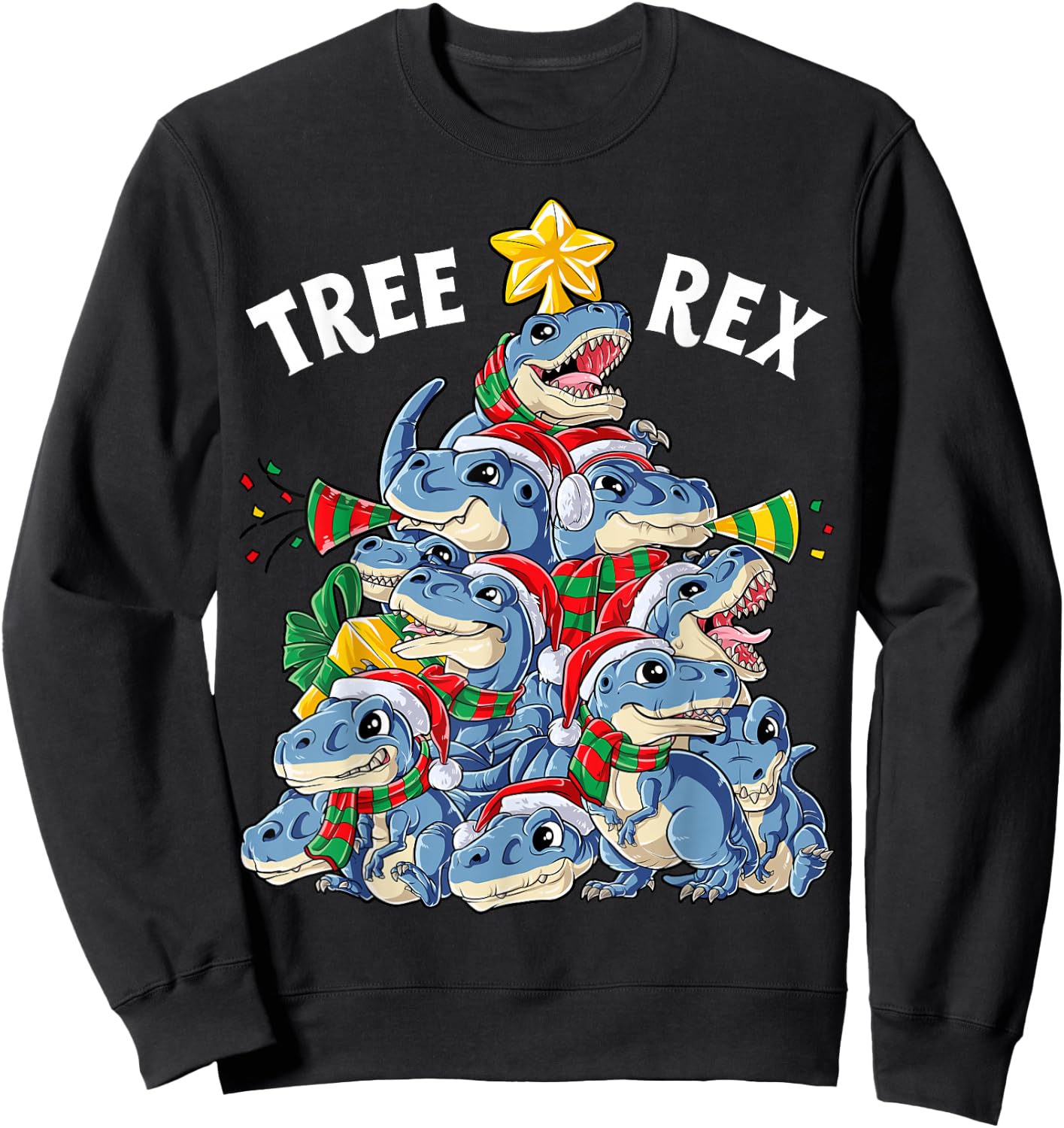 Christmas Dinosaur Tree Rex Pyjamas Men Boys Xmas Santa Hat Sweatshirt - Sweatshirt | Black