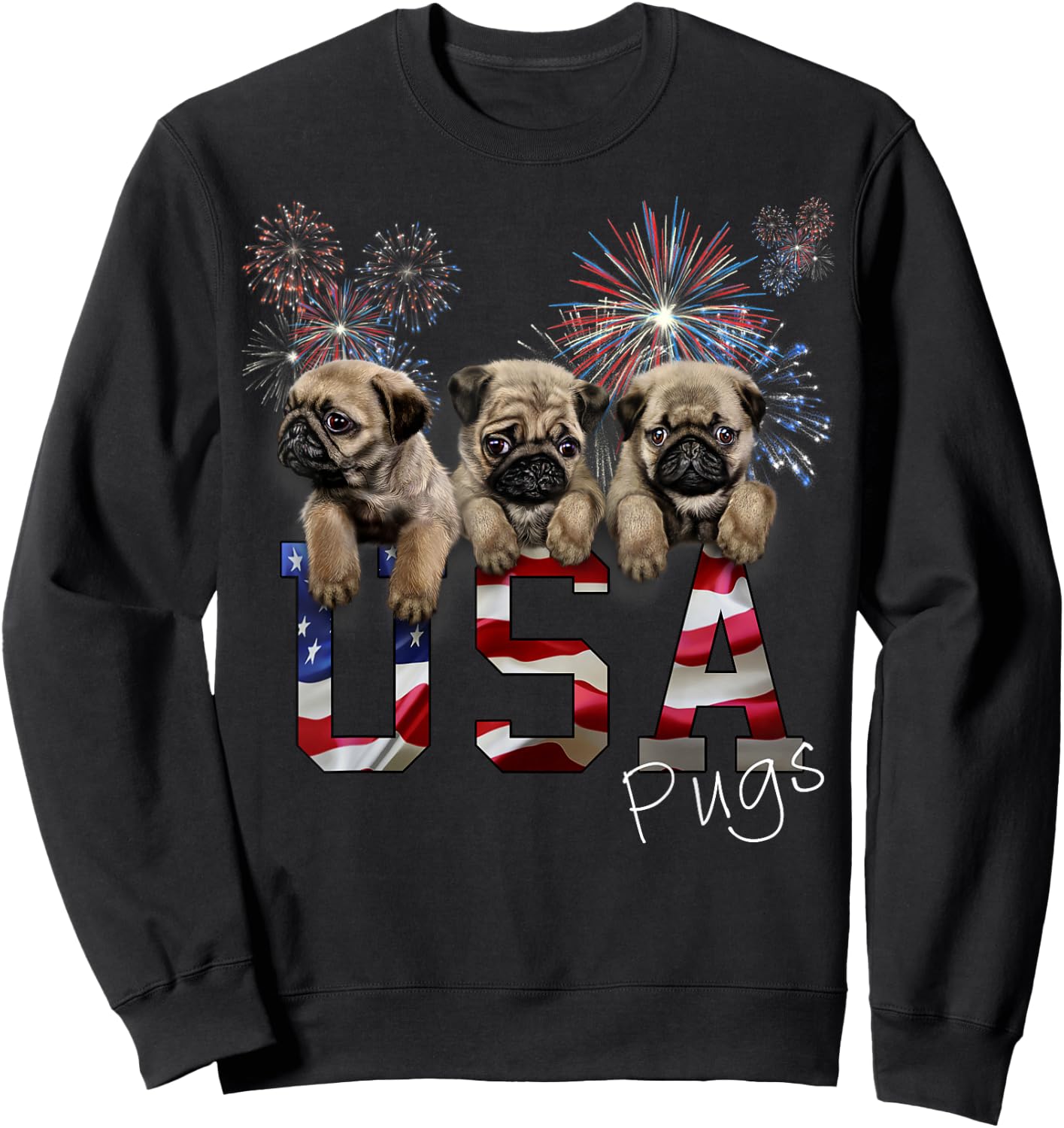 USA Patriot Pug Puppy Dog with Fireworks Women Kids Men Sweatshirt - Sweatshirt | Black