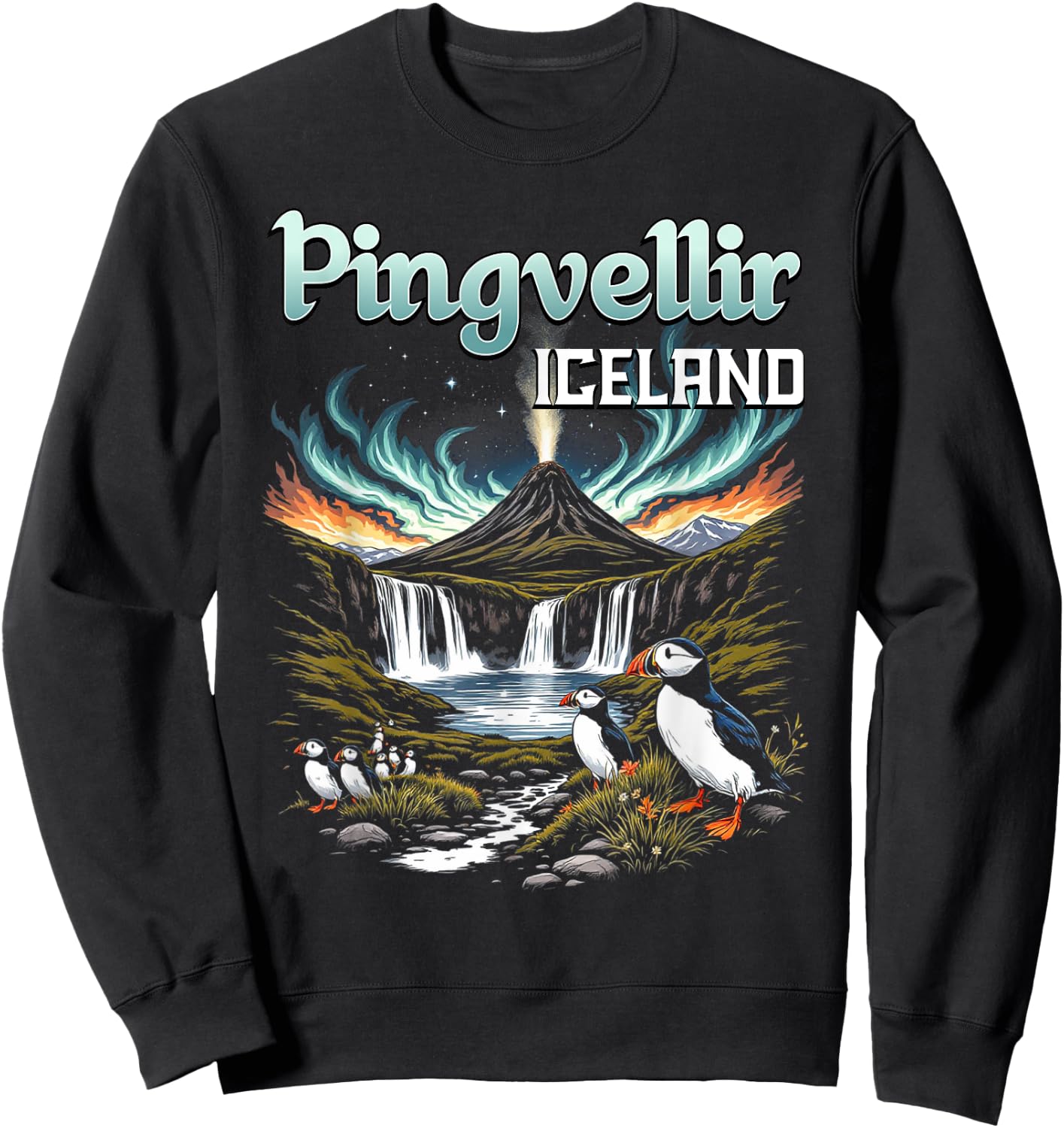 Þingvellir Iceland Souvenir Icelandic Volcano Puffin Birds Sweatshirt - Sweatshirt | Black