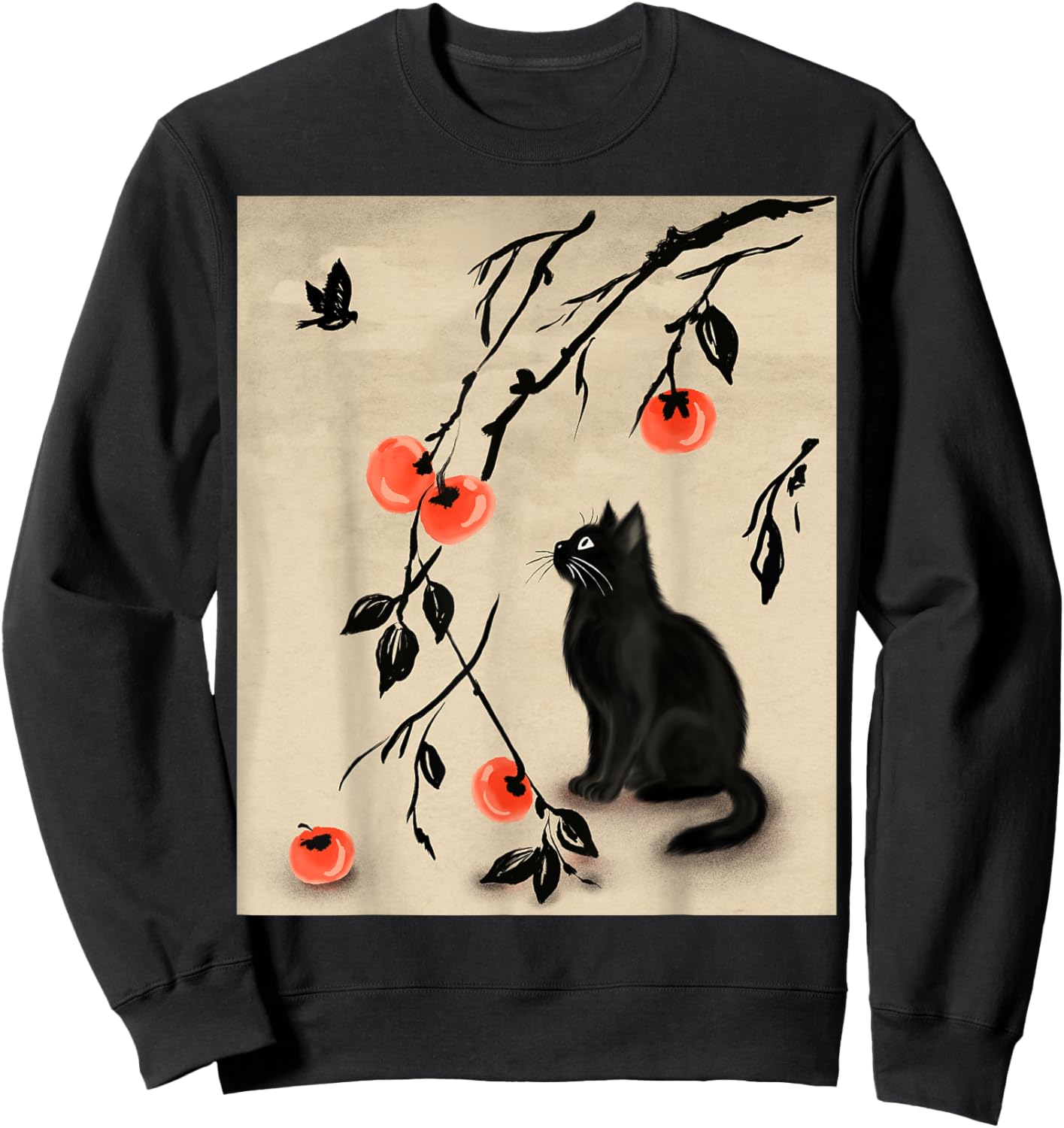 Minimal Cat and Persimmons with Bird in Sumi-e Scene Art Sweatshirt - Sweatshirt | Black