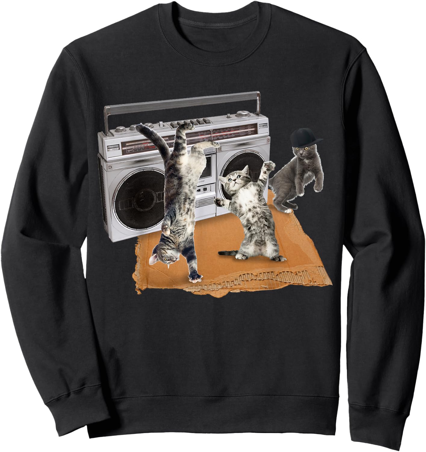 Breakdancing Kitties Cardboard & Boombox Cat Men Women Girls Kids Sweatshirt - Sweatshirt | Black