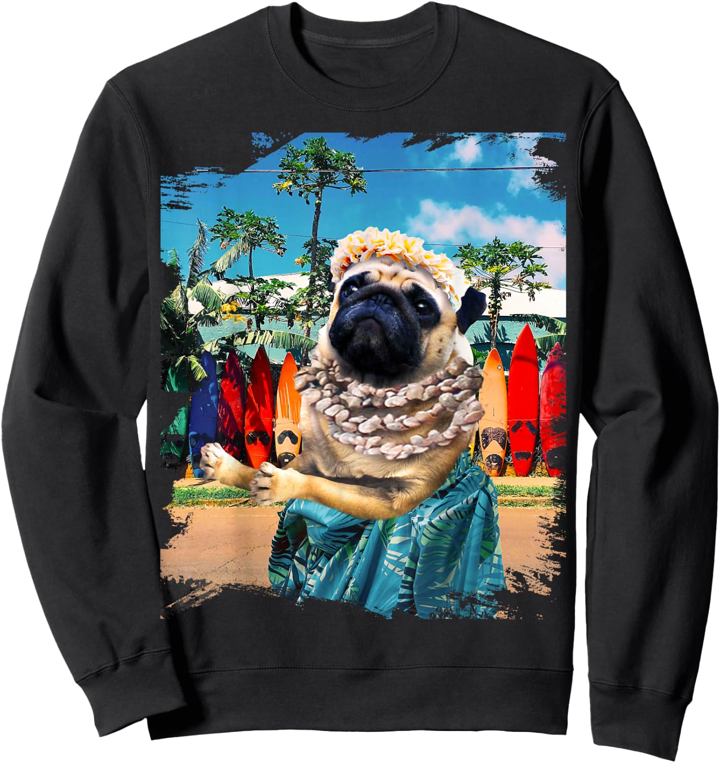 Cute Aloha Pug Hawaiian - , Small, Black, Short Sleeve, Cotton 100% Sweatshirt - Sweatshirt | Black