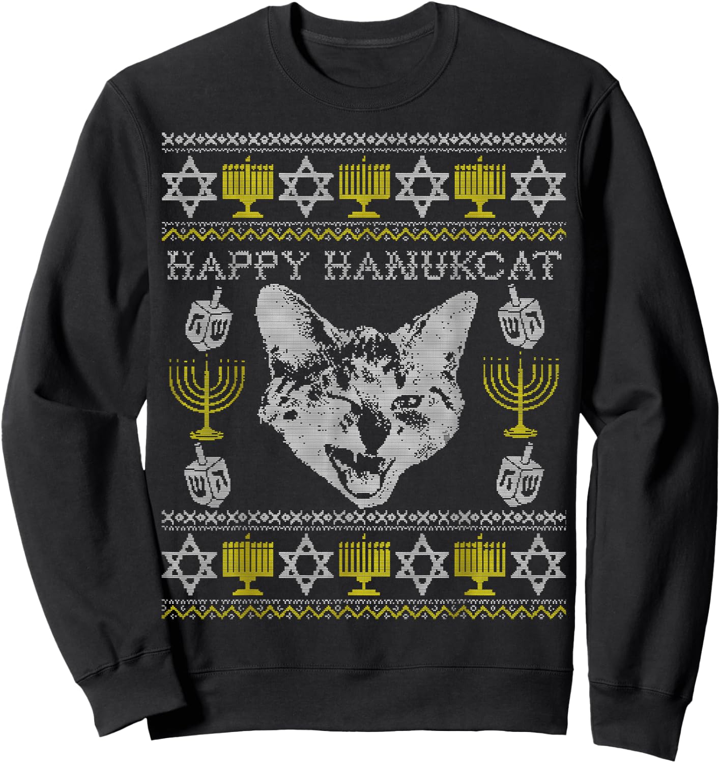 Happy Hanukcat Shirt, Hanukkah Cat, Funny Jewish Christmas Sweatshirt - Sweatshirt | Black