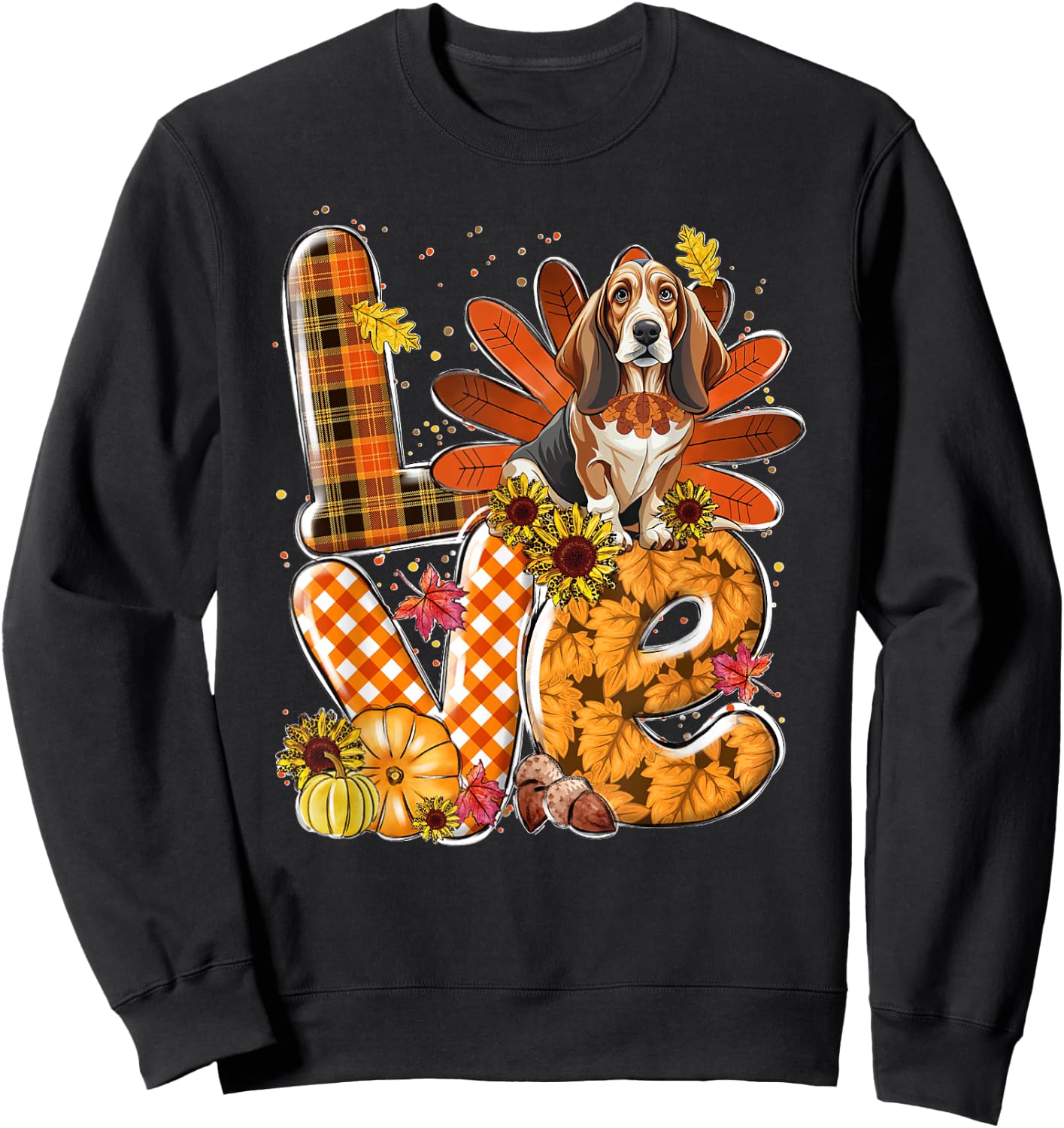 LOVE Thanksgiving Cute Basset Hound turkey Pumpkin Fall Sweatshirt - Sweatshirt | Black