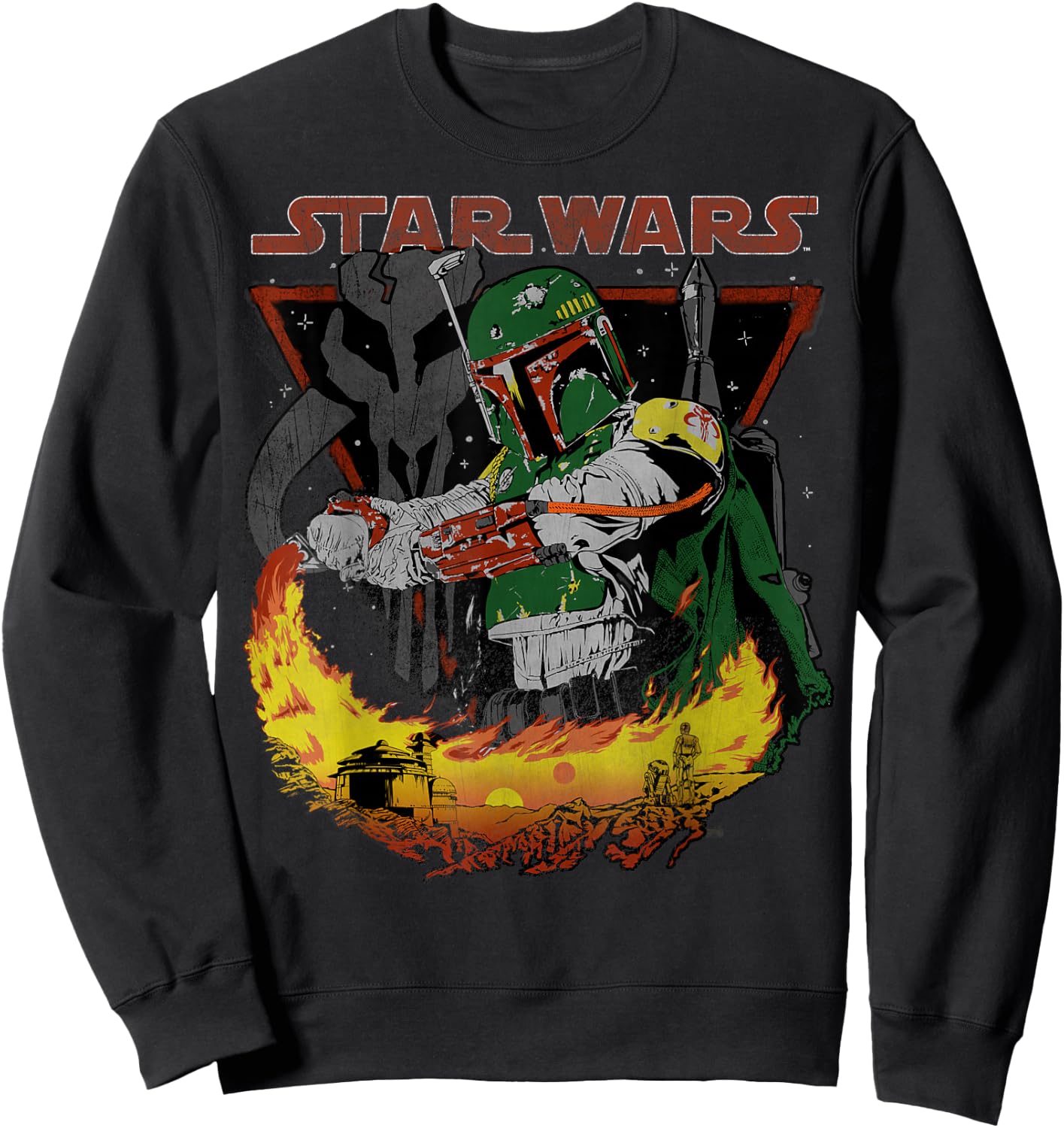 Star Wars Boba Fett Tatooine Flame Retro Poster Sweatshirt - Sweatshirt | Black